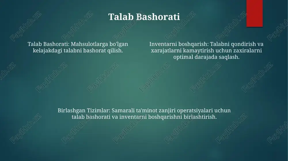 va boshqarish to'g'ri zaxira miqdorini saqlash. zaxiralarni kuzatish va boshqarish. inventar xarajatlari va mavjudligini optimallashtirish. umumiy inventarni boshqarish muammolari ortiqcha yoki yetarli bo'lmagan inventar: taklif va talabni muvozanatlash muhim. noto'g'ri inventarizatsiya ma'lumotlari: eskirib qolgan yozuvlar noto'g'ri qarorlarga olib keladi. samarasiz saqlash va ishlov berish: ombor jarayonlarini optimallashtirish vaqt va pulni tejaydi. e'tiboringiz uchun rahmat @taqdimot_robot image1.png image2.png image3.png image4.png image5.png image6.png image7.png image8.png image9.png image10.png