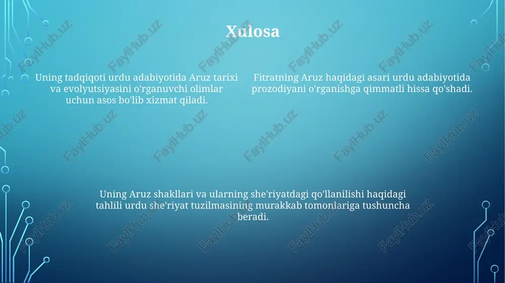 ushunish uchun qimmatli ma'lumotlar beradi. fitratning aruz haqidagi asarlarini o'rganish, urdu she'riyati rivojlanishini va klassik arab va fors she'riyat an'analari bilan bog'liqliklarini tushunish uchun qimmatli ma'lumotlar beradi. fitrat nuridagi aruzshunoslikning kelajagi kelajakdagi tadqiqotlar fitratning fikrlarini chuqurroq o'rganishga, uni zamonaviy ilmiy tadqiqotlarga birlashtirishga va shu orqali sohada yangi kashfiyotlarga olib kelishi mumkin. fitratning aruz haqidagi asari an'anaviy arab she'riyat prosodyasiga noyob nuqtai nazardan yondashadi, mavjud ramkalarni shubha ostiga olib, og'zaki ijroning ahamiyatini ta'kidlaydi. fitratning yondashuvini o'rganish aruzshunoslikni boyitib, she'riy tuzilma va o'qish o'rtasidagi bog'liqlikni o'rganishga va san'at shaklini tushunishni chuqurlashtirishga yordam beradi. fitratning hayoti va ijodi uning aruz bo'yicha ishi o'zbek she'riyatining tuzilishi va ritmiga qimmatli tushunchalarni berib, adabiy tahlilni boyitdi va o'zbek adabiy merosining saqlanishiga hissa qo'shdi. u u'zbek tilining rivojlanishiga, ayniqsa aruz (arab she'riyati prosodiyasi tizimi) bo'yicha tadqiqotlari bilan katta hissa qo'shdi. fitrat mashhur o'zbek yozuvchisi, olim va tilshunos edi. fitratning arūz haqidagi asarlari "aruz eslatib qo'yish" ("aruzni eslatma"), …