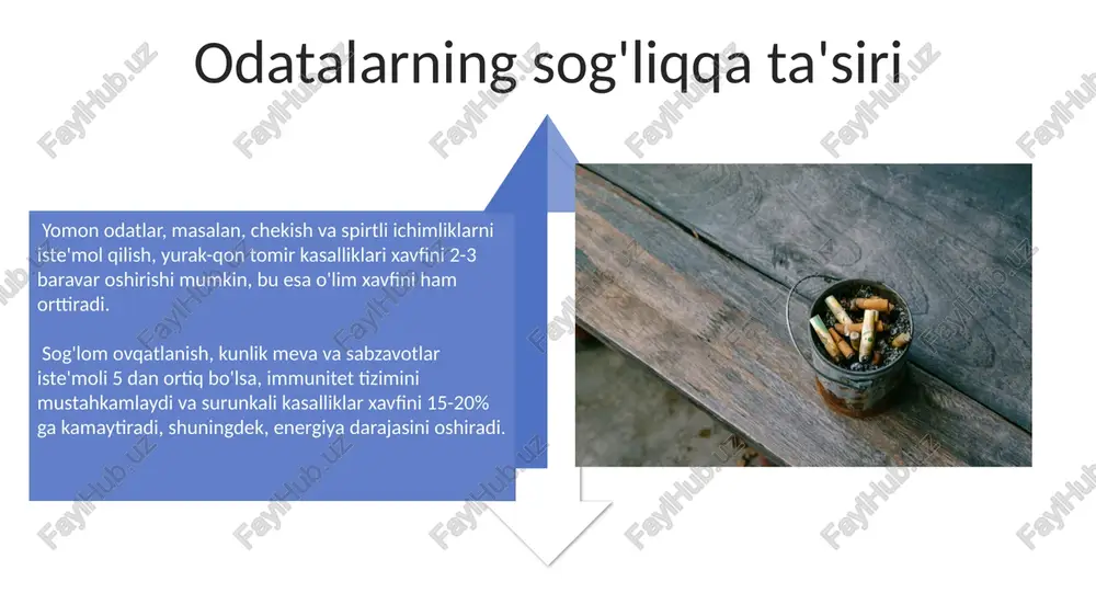 ilish va tejash kabi yaxshi moliyaviy odatlar, 5-10 yil ichida shaxsiy boylikni 2-3 baravar oshirishga yordam beradi. odatlarning moliyaviy ahvoliga ta'siri 70% ga yaqin odamlarning boylik yoki qashshoqligi ularning pul bilan bog'liq odatlariga bog'liq ekanligini ko'rsatadi. hayotdagi o'zgarishlar hayotdagi ijobiy o'zgarishlar, masalan, o'z ustida ishlash va maqsadlar qo'yish, shaxsiy samaradorlikni 40% ga oshirib, insonning o'ziga bo'lgan ishonchini mustahkamlaydi. yomon odatlar salomatlikka salbiy ta'sir ko'rsatib, yillik tibbiy xarajatlarni 30% ga oshirishi mumkin, bu esa hayot sifatini sezilarli darajada pasaytiradi. e'tiboringiz uchun rahmat @taqdimot_robot image4.jpg image5.jpg image6.jpg image7.jpg image8.jpg image9.jpg image10.jpg image11.jpg image12.jpg image13.jpg image14.jpg image15.jpg image16.jpg image17.jpg image3.png image18.jpg image19.jpg image20.jpg image1.jpeg image2.jpeg