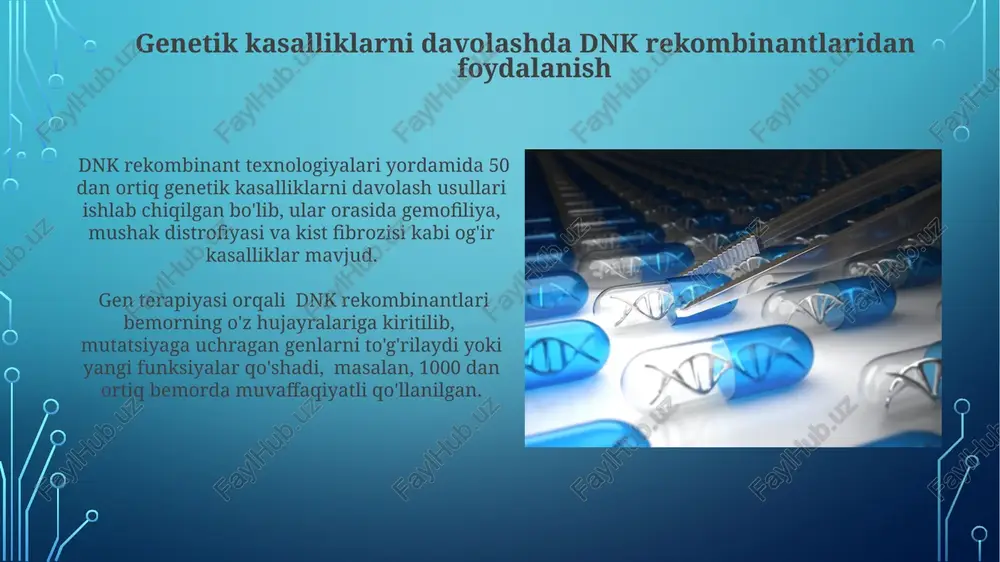 di. gemofiliya a tipidagi bemorlarda viii omilining rekombinant shakllari yordamida qon ketish xavfini 80% ga kamaytirish mumkin. tadqiqotlar va istiqbollar kelgusi 10 yil ichida crispr-cas9 texnologiyasi yordamida 300 tadan ortiq genetik kasalliklarni davolash uchun yangi imkoniyatlar paydo bo'lishi kutilmoqda. dnk rekombinantlari asosida yaratilgan 200 dan ortiq dori vositalari klinik sinovlardan o'tmoqda va bularning 50 dan ortig'i allaqachon tasdiqlangan. dnk rekombinantlarining tibbiyotdagi ahamiyati dnk rekombinant texnologiyalari yordamida 1000 dan ortiq turli xil dorilar, jumladan, insulin va o'sish gormoni kabi hayot uchun muhim bo'lgan oqsillar ishlab chiqariladi. gen terapiyasi orqali, dnk rekombinantlari yordamida, taxminan 500 dan ortiq irsiy kasalliklarni davolash bo'yicha klinik tadqiqotlar olib borilmoqda. dnk rekombinant texnologiyalarining afzalliklari dnk rekombinant texnologiyalari yordamida 1000 dan ortiq turli xil dorilar, shu jumladan insulin va interferonlar kabi muhim terapevtik oqsillar ishlab chiqariladi. rekombinant dnk texnologiyalari vaktsinani ishlab chiqarishni tezlashtiradi, masalan, covid-19 ga qarshi mrna vaktsinalari 1 yildan kamroq vaqt ichida yaratildi. dnk rekombinant texnologiyalarining …
