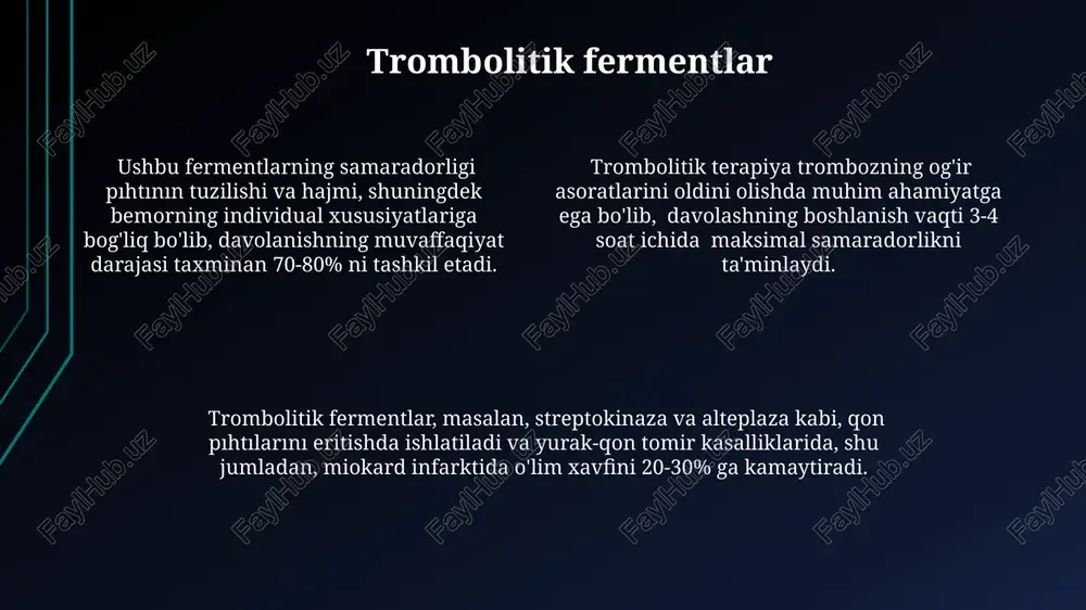 llar va tadqiqotlar kelgusi 10 yil ichida taxminan 20 ta yangi fermentli preparatning klinik sinovlari boshlanishi va bozorda paydo bo'lishi kutilmoqda, bularning aksariyati onkologik va yurak-qon tomir kasalliklariga qarshi kurashda qo'llaniladi. ferment ingibitorlarining ta'sirini kuchaytirish uchun nanotexnologiyalardan foydalanish bo'yicha faol tadqiqotlar olib borilmoqda, bu esa dori vositalarining samaradorligini 5-10 baravar oshirishi mumkin. fermentlarni tarmoqli texnologiyalar, xususan, 3d bioprinting va mikroflyuidika bilan integratsiya qilish orqali shaxsiylashtirilgan dori-darmonlar yaratish bo'yicha izlanishlar kuchaymoqda. e'tiboringiz uchun rahmat @taqdimot_robot
