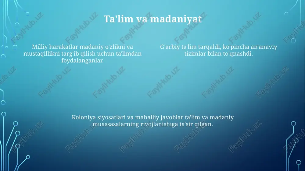 otlarning shakllanishi mustamlakachilik hokimiyatiga qarshi kurashda va mustaqillikka ehtiyoj haqida xabardorlikni oshirishda muhim rol o'ynadi. iqtisodiy va ijtimoiy o'zgarishlar kolonializm va iqtisodiy ekspluatatsiya: yevropa kuchlari foydalari uchun resurslarni va mehnatni olib chiqib, ekspluatatsion iqtisodiy siyosatlarni joriy qildi. ijtimoiy o'zgarishlar: an'anaviy ijtimoiy tuzilmalar buzildi, yangi sinflar paydo bo'ldi va millatchi harakatlar kuchaydi. zamonaviylashtirish va g'arblashtirish: g'arb g'oyalari va texnologiyalari bilan tanishish infratuzilma, ta'lim va aloqa sohalarida modernizatsiyaga olib keldi. siyosiy harakatlarning rivoji g'arb g'oyalarining ta'siri: liberalizm va demokratiya kabi g'arb ideologiyalariga ta'sir qilish o'zini o'zi boshqarish va demokratik islohotlarga chaqiriqlarni ilhomlantirdi. g'arbiy mustamlakachilikning ta'siri ostida janubi-sharqiy osiyo mamlakatlarida mustaqillik uchun kurashgan milliy harakatlar paydo bo'ldi. har xil strategiyalar: harakatlar tinch namoyishlar va murojaatnomalardan qurolli qarshilikka qadar turli xil taktikalarni qo'llagan, bu siyosiy manzaralarning xilma-xilligini aks ettiradi. malayziya favqulodda holati bu davrda mustaqillik va mustamlakachilik nazoratiga qarshilik ko'rsatishni maqsad qilgan millatchi harakatlar kuchaygan, natijada ikkinchi jahon urushidan keyin mustaqil davlatlar paydo bo'lgan. …