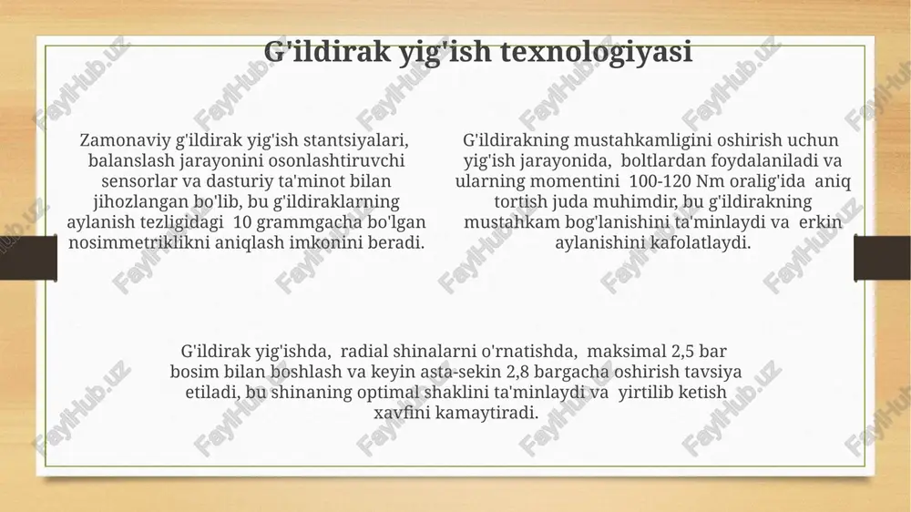 kamaytiradi. shtamplangan jantlar poʻlatdan tayyorlanadi va narxi jihatidan eng arzon hisoblanadi, lekin ularning mustahkamligi va chidamliligi quyma va yengil qotishma jantlarga nisbatan pastroq, odatda 15-17 dyuymli diametrda ishlab chiqariladi. jantlarning asosiy turlari – shtamplangan, quyma va yengil qotishma jantlar boʻlib, ularning ogʻirligi va mustahkamligi 10-25 kg gacha farq qilishi mumkin, shuningdek, turli xil diametr va kenglikdagi oʻlchamlar mavjud. e'tiboringiz uchun rahmat @taqdimot_robot image3.png image4.png