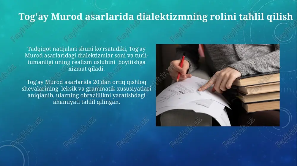 llanilgan. tog'ay murod ijodi haqida umumiy ma'lumot togʻay murodning ijodiy faoliyati 50 dan ortiq sheʼriy toʻplamlar, 10 dan ziyod nasriy asarlar va bir nechta dramatik asarlardan iborat boʻlib, boy va rang-barangdir. uning asarlarida, xususan sheʼrlarida, ona tilimizning boy imkoniyatlaridan unumli foydalanilgan holda, 20 dan ortiq turli dialekt elementlari uchraydi. foydalanilgan adabiyotlar tadqiqot jarayonida 200 dan ziyod togʻay murod asarining sahifalari tahlil qilinib, 300 dan ortiq dialektizm namunasi aniqlandi va lug'atga kiritildi. oʻzbek tilshunosligiga oid 5 ta fundamental darslik va 10 dan ortiq qoʻllanmadan, shuningdek, 2 ta lugʻatdan foydalanildi. e'tiboringiz uchun rahmat @taqdimot_robot image3.png image4.jpg image5.jpg image6.jpg image7.jpg image8.jpg image9.jpg image10.jpg image11.jpg image12.jpg image13.jpg image14.jpg image15.jpg image16.jpg image17.jpg image18.jpg image19.jpg image20.jpg