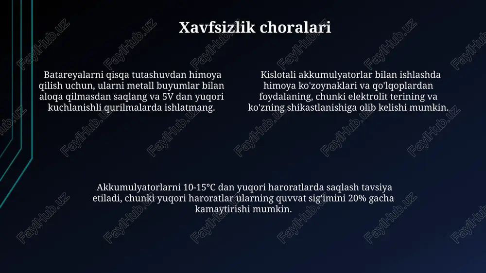 azryad tsikllariga chidamli va yuqori quvvat chiqishini ta'minlaydi, lekin energiya zichligi jihatidan akkumulyatorlardan past. kelajakdagi rivojlanish istiqbollari kelajakda qayta zaryadlanuvchi batareyalar energiya zichligi 500 wh/kg dan oshishi va xizmat muddati 10 000 tsiklgacha yetishi kutilmoqda, bu esa elektr transport vositalari va boshqa qurilmalar uchun inqilobiy o'zgarishlarni keltirib chiqarishi mumkin. keyingi 5 yil ichida grafen va silikon asosidagi yangi anot materiallarining qo'llanilishi tufayli batareyalar sig'imini 2-3 baravar oshirish va narxini 20% ga kamaytirish mumkin bo'ladi. qattiq elektrolitli batareyalar texnologiyasining rivojlanishi yong'in xavfini sezilarli darajada kamaytiradi va batareyalar xavfsizligini 30% ga oshirishi mumkin. quvvat sig'imi va uning o'lchovlari batareyaning quvvat sig'imi uning hajmi va kimyoviy tarkibiga bog'liq bo'lib, yuqori sig'imli batareyalar odatda kattaroq va og'irroq bo'ladi, masalan, 10000 mah sig'imga ega batareya 2500 mah sig'imga ega batareyadan ancha katta bo'ladi. quvvat sig'imi harorat ta'siriga sezgir bo'lib, past haroratlarda batareya sig'imi pasayadi. masalan, 0°c haroratda 2000 mah sig'imli batareyaning samarali sig'imi 1500 mah …