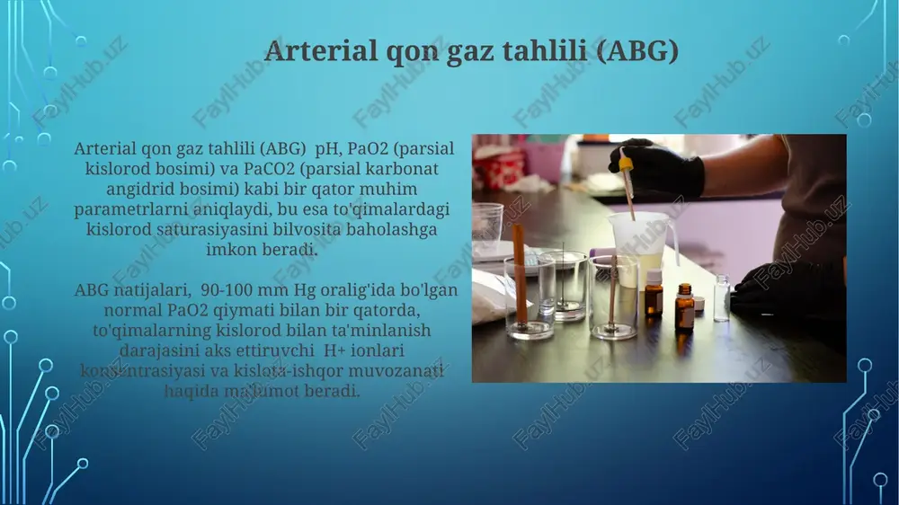 zichligini oʻlchash orqali toʻqimadagi kislorodlangan va kislorodsiz gemoglobin miqdorini aniqlash mumkin. magnit-rezonans spektroskopiyasi (mrs) magnit-rezonans spektroskopiyasi (mrs) yordamida to'qimalardagi oksigen saturasiyasini aniqlashda suv protonlarining relaksatsiya vaqtlarini (t1, t2) o'lchash orqali to'qimalarning metabolik holatini baholash mumkin. mrs texnikasi 3 tesla va undan yuqori magnit maydon kuchlarida yuqori aniqlikda to'qimadagi oksigenlangan va oksigenlanmagan gemoglobin miqdorini o'lchash imkonini beradi. to'qimalarning optik tasvirlari spektroskopik usullar, jumladan, nirs (yaqin infraqizil spektroskopiyasi) yordamida to'qimadan qaytgan nur spektri tahlil qilinib, uning tarkibidagi oksigemoglobin va deoksigemoglobin miqdori aniqlanadi, bu esa to'qima kislorod to'yinganligini hisoblash imkonini beradi. to'qimalarning optik tasvirlari yordamida kislorod to'yinganligini aniqlashda 900-1300 nm diapazonidagi yaqin infraqizil nurlanishdan foydalaniladi, chunki bu to'lqin uzunliklari to'qimaga chuqurroq kirib boradi. e'tiboringiz uchun rahmat @taqdimot_robot image3.jpg image4.jpg image5.jpg image6.jpg image7.jpg image8.jpg image9.jpg image10.jpg image11.jpg image12.jpg image13.jpg image14.jpg image15.jpg image16.jpg image17.jpg image2.png