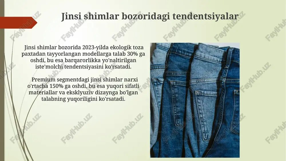 higa olib keladi, bu esa ekologik muvozanatni buzadi. jinsi ishlab chiqarishda 2000 litrgacha suv sarflanishi mumkin, bu esa suv resurslarining sezilarli darajada kamayishiga olib keladi. jinsi matoning turlari denim jinsi matosining rangi indigo bo'yoqlari bilan bo'yalganligi sababli, yuvilganidan keyin rangining biroz ochlanishi tabiiy holat hisoblanadi. taxminan 5-10% rang o'zgarishi normaldir. "selvedge" deb ataluvchi kenar jinsi matolarining yuqori sifat ko'rsatkichidir. ular maxsus to'qish texnologiyasi bilan ishlab chiqariladi va matoning yemirilishini kamaytiradi. brendlar va ishlab chiqaruvchilar ko‘plab kichik, mustaqil ishlab chiqaruvchilar, ayniqsa, artisan denim sohasida, yiliga 1000 dan kam jinsi shim ishlab chiqaradi, lekin ular yuqori sifat va noyob dizaynlar bilan tanilgan. levi strauss & co., 1873-yilda tashkil topgan va bugungi kunda ham global miqyosda 500 dan ortiq brendlarga ega bo‘lgan denim ishlab chiqaruvchilarining eng yiriklaridan biri hisoblanadi. ularning ishlab chiqarish hajmi yiliga millionlab dona jinsi shimlarni tashkil etadi. e'tiboringiz uchun rahmat @taqdimot_robot image1.jpg image2.jpg image3.jpg image4.jpg image5.jpg image6.jpg image7.jpg image8.jpg image9.jpg …