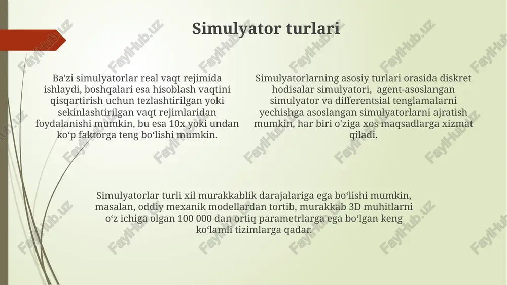 yihasi amalga oshiriladi. simulyatorlarning xavfsizligi simulyatsiya natijalarining aniqligi va ishonchliligi uchun, simulyatorlarning dasturiy ta'minotida kamida 1000 soatdan ortiq sinov va tekshiruvdan o'tkazilishi zarur, bu esa xatolarni minimallashtirishga yordam beradi. simulyatorlarning xavfsizligi ma'lumotlarning 90% dan ortiq qismini himoya qiluvchi kriptografik algoritmlarga va 256 bitlik kalit uzunligiga ega boʻlishi kerak, bu esa potentsial tahdidlardan himoya qilish darajasini oshiradi. simulyatorlarning ishlashi vaqtining 99,99% ga yaqin darajasida uzluksiz ishlashiga kafolat beruvchi ortiqcha himoya tizimlari va avtomatik tiklash mexanizmlariga ega boʻlishi muhim ahamiyatga ega. simulyatsiyaning kamchiliklari modellashtirish jarayonida qo'llaniladigan parametrlarning noto'g'ri tanlanishi simulyatsiya natijalarining ishonchliligini pasaytirib, xatoliklar miqdorini 5-15% ga oshirishi mumkin. katta hajmdagi ma'lumotlarni qayta ishlash vaqt talab qiladi, bu esa real vaqt rejimida simulyatsiyani bajarishni imkonsiz qiladi va hisoblash quvvatini 20% ga oshiradi. simulyatsiya dasturlari murakkab tizimlarni soddalashtirilgan holda modellashtirishi natijasida 10% gacha aniqlikka ega bo'lmagan natijalarni berishi mumkin. simulyatorlarni yaratish jarayoni simulyatsiyaning ishonchliligini ta’minlash uchun kamida 1000 ta test holati o’tkazish tavsiya …