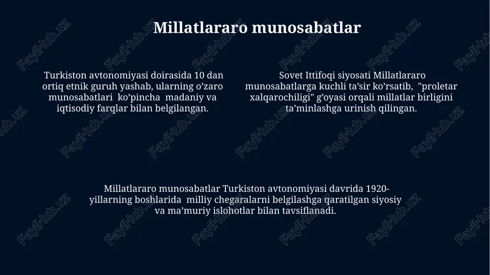 ar oʻrtasidagi nisbatlar nomutanosib edi, ba'zi hududlarda ma'lum bir etnik guruhning ustunligi kuzatilgan. turkiston avtonomiyasi hududi taxminan 1,5 million kvadrat kilometrni tashkil etgan boʻlib, bu zamonaviy qozogʻiston, qirgʻiziston, oʻzbekiston va tojikistonning katta qismlarini oʻz ichiga olgan. din va diniy hayot islomning hanafiy mazhabi turkiston avtonomiyasi hududida keng tarqalgan edi, vaqf yerlari va mulklari diniy muassasalarni moliyalashtirishda muhim rol o'ynagan. sovetlar davrida diniy bayramlar, jumladan ramazon va qurbon hayiti, cheklangan bo'lsa-da, ularning nishonlanishi milliy madaniyatning muhim qismi bo'lib qoldi. turkiston avtonomiyasi davrida 1920-yillarda masjidlar soni 2000 dan oshib ketgan bo'lib, ularning aksariyati diniy ta'lim va madaniy markazlar vazifasini ham o'tagan. ayollar va jamiyat “ayollar va jamiyat” dasturi doirasida 1920-yillarda 200 dan ortiq ayollar savodxonlik kurslarida qatnashgan va milliy madaniyatni rivojlantirishga hissa qo'shgan. “ayollar va jamiyat” tashkilotining faoliyati natijasida 1920-yillar oxiriga kelib, ayollar o'qituvchilik, tibbiyot va boshqa sohalarda kamida 10% ish bilan band bo'lishgan. turkiston avtonomiyasi davrida ayollarga siyosiy huquqlarni berishga qaratilgan …