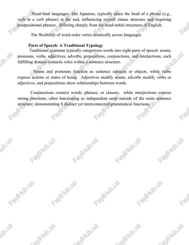 g to multiple verb forms even within a single tense. mood, expressing the speaker's attitude (indicative, subjunctive, imperative), interacts with tense and aspect; for example, a subjunctive mood often involves a shift from the factual tense to express hypothetical situations or desires. tense, aspect, and mood are three distinct but interconnected grammatical categories that contribute to the overall meaning of a verb phrase. while some languages explicitly mark all three (e.g., with 12 distinct forms), others may conflate them. clause structure and word order clause structure significantly impacts word order; subject-verb-object (svo) is the most common type globally, accounting for approximately 40-45% of the world's languages, while subject-object-verb (sov) is a close second. head-final languages, like japanese, typically place the head of a phrase (e.g., verb in a verb phrase) at the end, influencing overall clause structure and requiring postpositional phrases, differing sharply from the head-initial structures of english. the …