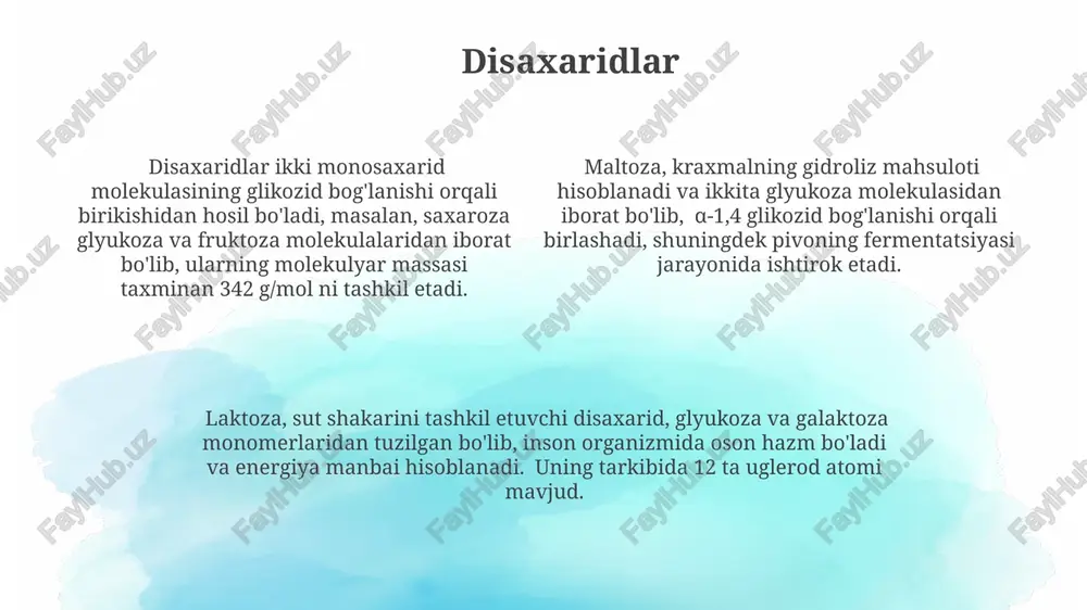 ruch) murakkab uglevodlarning, xususan, kraxmalning muhim manbai hisoblanadi, ularning 100 grammida 70 grammgacha uglevod bo'ladi. uglevodlarning asosiy manbalaridan biri - o'simliklar, ularning tarkibida 70% gacha kraxmal va saxaroza kabi murakkab uglevodlar mavjud. mevalar va sabzavotlar oddiy shakarlar (fruktoza, glyukoza) ning ajoyib manbaidir, 100 gramm mevada 10-15 grammgacha uglevod bo'lishi mumkin. monosaxaridlar monosaxaridlarning eng muhim uchta vakili – glyukoza, fruktoza va galaktoza bo'lib, ularning molekulyar formulalari c₆h₁₂o₆ ni tashkil etadi, lekin fazoviy tuzilishi va xossalari jihatidan farq qiladi. glyukoza – oddiy shakar bo'lib, organizm uchun asosiy energiya manbai hisoblanadi va hujayralar tomonidan nafas olish jarayonida oksidlanadi, bu jarayon 36-38 atf molekulasini hosil qiladi. monosaxaridlar suvda yaxshi eriydi, chunki ularning molekulalarida ko'p miqdorda gidroksil (-oh) guruhlari mavjud bo'lib, ular suv molekulalari bilan vodorod bog'lanishlarini hosil qiladi. e'tiboringiz uchun rahmat @taqdimot_robot image1.png
