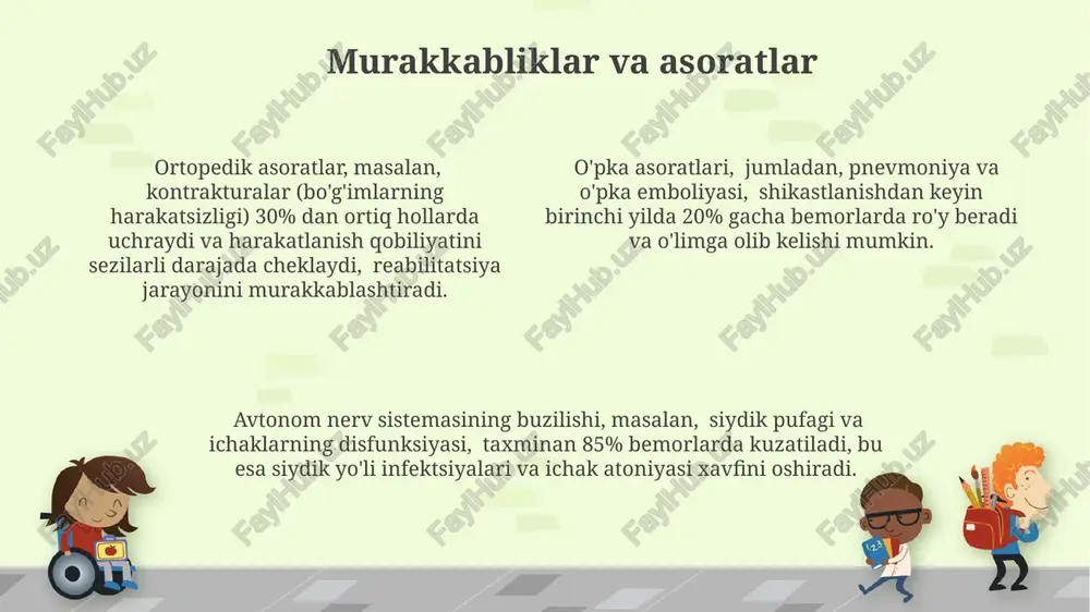 altirilgan 2-3 oylik intensiv davolash taklif etiladi. konservativ davolash og'riqni boshqarish uchun og'riq qoldiruvchi vositalar, masalan, nsaidlar va opioidlar, shuningdek, mushak spazmini kamaytirish uchun mushak gevşetgiciler qo'llaniladi. konservativ davolashning samaradorligi, taxminan 80% hollarda, bemorning to'liq tiklanishiga yordam beradigan reabilitatsion dasturlar bilan birgalikda amalga oshiriladi. konservativ davolash, shikastlanish darajasiga qarab, 3-6 oygacha davom etadigan kompleks davo choralari majmuini o'z ichiga oladi, bu yerda fizioterapiya va dori-darmonlar muhim rol o'ynaydi. davolash usullari ortopedik jarrohlik, jumladan, o'murtqa suyagi fragmentlarini olib tashlash va o'murtqa kanalini dekompresssiya qilish, taxminan 80% hollarda qo'llaniladi. fizioterapiya, shu jumladan, elektrostimulyatsiya va terapevtik mashqlar, nerv tizimining reabilitatsiyasi jarayonini tezlashtirish va mushaklarning kuchini tiklashda muhim rol o'ynaydi. dori-darmonlar, masalan, og'riq qoldiruvchi vositalar va spazmga qarshi dori-darmonlar, bemorning og'rig'ini kamaytirish va mushak spazmlarini bartaraf etishga yordam beradi. shikastlanish sabablari yoshlik davrida 5-10% gacha bo'lgan orqa miya shikastlanishlari zo'ravonlik yoki qurolli hujumlar natijasida yuz beradi, bu esa ijtimoiy-iqtisodiy omillar bilan chambarchas bog'liq. sport …