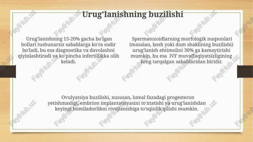 ar (yrt) orqali tug'ilish darajasi dunyo bo'yicha yiliga 8 milliondan ortiq chaqaloqni tashkil etadi, bu esa ushbu texnologiyalarning keng qo'llanilishini ko'rsatadi. yrt usullaridan biri bo'lgan icsi (intracytoplasmic sperm injection) texnikasi sperma hujayralarining harakatsizligi muammosiga echim bo'lib, 10% dan kam harakatlanuvchi sperma hujayralari bilan ham homiladorlikka erishish imkonini beradi. urg'ochilik va erkaklik gametalari urgʻochi gametalar (tuxum hujayralari) diploid hujayralardan mayoz boʻlinish natijasida hosil boʻlib, 23 ta xromosomali gaploid hujayralar hisoblanadi va sperma bilan qoʻshilishga tayyor holatda boʻladi. odatda, millionlab spermatozoidlar tuxum hujayrasini urugʻlantirishga harakat qilsada, faqat bittasi muvaffaqiyatli urugʻlantirishi mumkin, qolganlari esa parchalanib ketadi. erkak gametalari (spermatozoidlar) haploid (n=23) boʻlib, akrozom deb ataluvchi fermentlarga boy tuzilmaga ega boʻlib, tuxum hujayrasiga kirib borishga yordam beradi. urug'lanishning bosqichlari urg'lanish jarayoni spermaning tuxum hujayrasiga kirib olishi bilan boshlanib, 12-24 soat davom etadi va shu vaqt oralig'ida pronukleuslar birlashadi. kortikal reaksiya tuxum hujayrasining plasmalemmasida sodir bo'ladi va polispermiya oldini oladi, ya'ni bir nechta spermatozoidning tuxum …