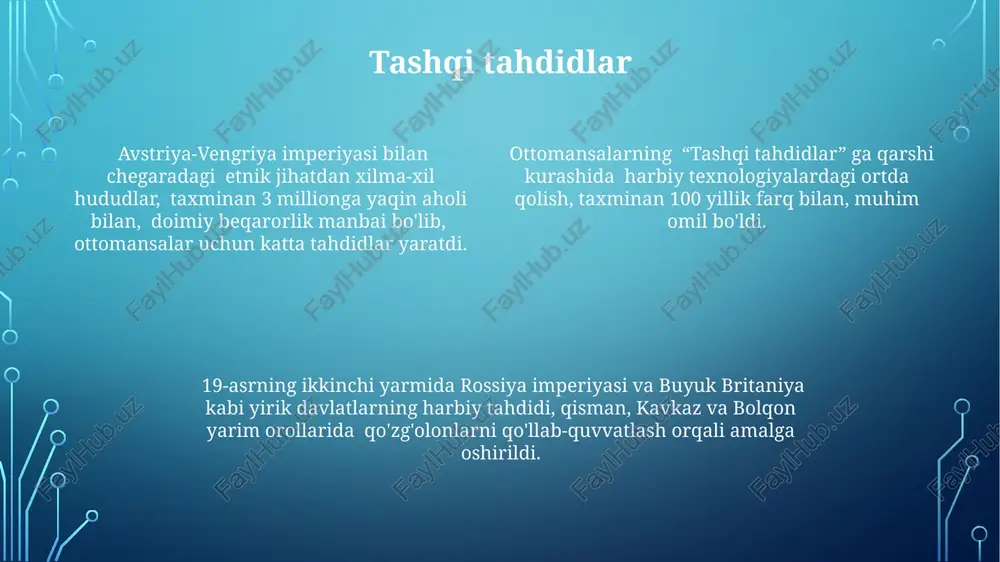 0-yillarga kelib, islohotlarga qarshilik harakati kuchlilashdi, bu esa huquqiy islohotlarning samaradorligini pasaytirdi va davlatning iqtisodiy rivojlanishiga jiddiy to'sqinlik qildi, natijada davlat byudjeti 15% ga kamaydi. millatchi harakatlarning kuchayishi 19-asrning oxirlarida, millatchi harakatlarning kuchayishi natijasida, 30 dan ortiq siyosiy partiya va tashkilotlar paydo bo'lib, ularning aksariyati konstitutsiyaviy monarxiya yoki mustaqillik uchun kurashgan. millatchi harakatlarning kuchayishi 1870-yillardan boshlab, ayniqsa, 1876 yildagi qonun-asasiy qabul qilinganidan keyin, 20 dan ortiq viloyatda faol namoyon bo'ldi, bu esa imperiya barqarorligiga jiddiy tahdid solgan. millatchilarning qo'zg'olonlari va harbiy isyonlari soni 1880-yillarga kelib 50 dan oshdi, bu esa ottomon imperiyasi uchun kattta moliyaviy va harbiy yuk bo'ldi. avtokraiya va korruptsiya korruptsiya, ayniqsa, soliq yig'ish tizimida keng tarqalgan bo'lib, davlat daromadlarining 30% gacha yo'qotilishiga olib kelgan. sulton saroyi va yuqori amaldorlar orasida haddan tashqari boyliklarning to'planishi, jamiyatdagi ijtimoiy-iqtisodiy tengsizlikni kuchaytirdi va isyonlarga sabab bo'ldi. ottomondagi avtokratiya tuzumining mustahkamligi 16-18-asrlarda, ayniqsa, sultonga cheksiz hokimiyat beruvchi qonunlar va an'analar orqali ta'minlangan. …