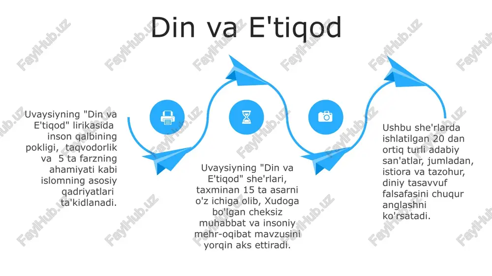 . til va uslub xususiyatlari uvaysiyning gʻazallarida 20 dan ortiq misra bilan yozilgan asarlarining mavjudligi uning uslubiy boyligidan dalolat beradi. uning sheʼriy tilida klassik adabiyotga xos 15-17 boʻgʻimli misralarning ustunligi kuzatiladi, bu uning anʼanaga sodiqligidan dalolat. uvaysiyning ijodida tasvirlarning ramziyligi va allegorik maʼno qatlamlarining 3 dan ortiq darajada qoʻllanishi uning ijodiy uslubining murakkabligini koʻrsatadi. s w o t swot uvaysiy merosining zamonaviy talqini uvaysiy merosining zamonaviy talqinida uning 150 dan ortiq gʻazal, ruboiy va masnaviylari tahlil qilinadi, badiiy vositalar, obrazlar va motivlarning semiotik tahlili qoʻllaniladi. zamonaviy talqinlar uvaysiy sheʼriyatida islom falsafasi, sufizm taʼsiri va milliy-ozodlik gʻoyalarining oʻzaro bogʻliqligi masalasini 5 ta asosiy yoʻnalishda oʻrganmoqda. uvaysiy ijodining milliy gʻoya, vatan, muhabbat va insoniylik kabi asosiy mavzulari 21-asr adabiyoti nazariyasi orqali qayta koʻrib chiqilmoqda, 3 ta asosiy maktab nuqtai nazaridan bahslar olib borilmoqda. uning ijodida tasavvuf falsafasi, xususan, ishq mavzui markaziy oʻrin tutib, 7 ta asosiy mavzuda 200 dan ortiq baytlarni oʻz …
