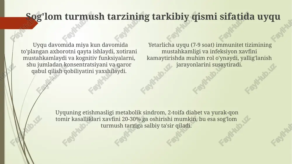 lik miyaning neyronlararo aloqalarini buzadi, bu esa kognitiv funktsiyalarni, jumladan xotira va diqqatni, 15-20% ga pasaytiradi. uyqu vaqtining 7-8 soatligi optimal miqdor boʻlib, uning yetishmasligi immun tizimining zaiflashishiga va infektsiyalarga chidamliligining 30% ga kamayishiga olib kelishi mumkin. xavfsizlik va xatarlarning kamayishi yetarlicha uxlash avtohalokatlar xavfini 70% gacha kamaytirishi va reaktsiya vaqtingizni sezilarli darajada yaxshilashini ko'rsatadigan tadqiqotlar mavjud. uyqu etishmasligi xatoliklar sonini 30% ga oshirishi mumkin, bu ish samaradorligiga va xavfsizlikka salbiy ta'sir ko'rsatadi, ayniqsa, diqqatni talab qiladigan ishlarda. uyqusizlik immun tizimining zaiflashishiga olib keladi, bu esa infektsiyalar xavfini 3-5 barobar oshiradi va kasallikdan tuzalish muddatini uzaytiradi. e'tiboringiz uchun rahmat @taqdimot_robot