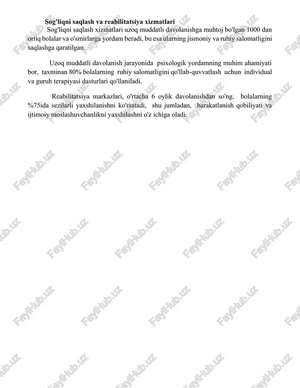 qot qilishda qiyinchiliklar (50% dan ortiq) va o'ziga ishonchsizlik kuzatiladi, bu ularning akademik natijalariga salbiy ta'sir ko'rsatadi. sog'liqni saqlash va reabilitatsiya xizmatlari sog'liqni saqlash xizmatlari uzoq muddatli davolanishga muhtoj bo'lgan 1000 dan ortiq bolalar va o'smirlarga yordam beradi, bu esa ularning jismoniy va ruhiy salomatligini saqlashga qaratilgan. uzoq muddatli davolanish jarayonida psixologik yordamning muhim ahamiyati bor, taxminan 80% bolalarning ruhiy salomatligini qo'llab-quvvatlash uchun individual va guruh terapiyasi dasturlari qo'llaniladi. reabilitatsiya markazlari, o'rtacha 6 oylik davolanishdan so'ng, bolalarning %75ida sezilarli yaxshilanishni ko'rsatadi, shu jumladan, harakatlanish qobiliyati va ijtimoiy moslashuvchanlikni yaxshilashni o'z ichiga oladi. 📌xulosa uzoq muddatli davolanishga muhtoj bolalar va o'smirlarning huquqlari va ta'limga bo'lgan ehtiyojlarini qondirish uchun kompleks yondashuv zarur, bu ularning to'laqonli rivojlanishini ta'minlaydi. 📚foydalanilgan adabiyotlar 1. jahon sog'liqni saqlash tashkiloti. bolalar va o'smirlarning sog'lig'i. 2. birlashgan millatlar tashkilotining bolalar fondi (unicef). bolalar huquqlari konvensiyasi. 3. butunjahon ta'lim tashkiloti (unesco). inklyuziv ta'lim haqida deklaratsiya. 4. amerika pediatriya akademiyasi