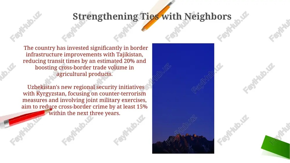 , participating in over 15 joint military exercises since 2000, bolstering regional security. regional security and stability the country's foreign policy actively promotes the regional collective security treaty organization (csto) framework, aiming to decrease regional threats and enhance stability among its 6 member states. uzbekistan's strategic location necessitates proactive engagement in initiatives addressing the cross-border movement of approximately 20,000 undocumented migrants annually, thus enhancing regional stability. economic cooperation and trade uzbekistan is actively pursuing bilateral trade agreements and participates in regional economic initiatives such as the eurasian economic union (eaeu) to further integrate into global value chains. uzbekistan's trade volume exceeded $20 billion in 2022, showcasing significant growth in its economic partnerships with countries across eurasia and beyond, reflecting its proactive foreign policy. bilateral relations: a diverse landscape uzbekistan's trade volume with china exceeded $10 billion in 2022, showcasing a rapidly expanding economic partnership driven by infrastructure projects and increased …