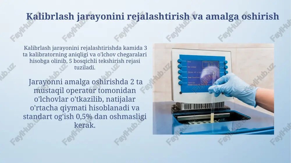 kalibrlash sertifikatlari o'lchov vositalarining aniqligi va ishonchliligini tasdiqlovchi hujjat bo'lib, unga asbobning identifikatsiya raqami va kalibrlash sanasi kabi ma'lumotlar kiritiladi. murakkab jarayonlarni kalibrlash usullari yuqori aniqlikdagi sensorlar (0.01 mm gacha) va 10 ta tekshirish nuqtalarini o'z ichiga olgan maxsus dasturiy ta'minot yordamida murakkab mexanik jarayonlarni kalibrlash amalga oshiriladi. murakkab jarayonlarni kalibrlashda, masalan, kimyoviy reaksiyalarni 0,1% aniqlik bilan nazorat qilish uchun avtomatlashtirilgan spektrofotometrlar va 3-5 ballli kalibrlash standartlaridan foydalaniladi. ma'lumotlarni qayta ishlash va tahlil qilish ma'lumotlarni vizualizatsiya qilishda 2 o'lchovli grafiklardan tashqari, 3 o'lchovli va interaktiv vizualizatsiyalarni qo'llash murakkab munosabatlarni aniqlash va tushunishga yordam beradi. noaniqlikni kamaytirish uchun ma'lumotlarni tozalash jarayonida kamida 3 turdagi filtrlash usullari (masalan, median, gauss va outlier filtrlar) qo'llanilishi ma'lumotlarning ishonchliligini oshiradi. kalibrlashning iqtisodiy samaradorligi kalibrlash jarayonini avtomatlashtirish va raqamli texnologiyalarni qo'llash natijasida 20% gacha vaqt va mehnat xarajatlarini tejash mumkin. noto'g'ri kalibrlangan uskunalar tufayli yuzaga keladigan xatoliklarning oldini olish, yillik 5-7% daromad o'sishini ta'minlaydi. e'tiboringiz uchun …