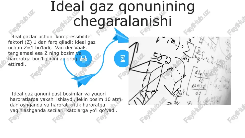 van der vaals tenglamasida kritik parametrlar (tc, pc, vc) yordamida kamaytirilgan bosim (pr = p/pc), hajm (vr = v/vc) va temperatura (tr = t/tc) o'zgaruvchilari ishlatiladi. redusirlangan van der vaals tenglamasi kritik parametrlarni aniqlash kritik parametrlar, ya’ni kritik bosim (pc), kritik hajm (vc) va kritik temperatura (tc) van der vaals tenglamasidan foydalanib, a va b konstantalarini bilgan holda hisoblanadi. tc = 8a / 27rb va pc = a / 27b² formulalaridan foydalanib, mos ravishda kritik temperatura va bosimni aniqlash mumkin, bu yerda r – universal gaz doimiysi. tc = 8a / 27rb va pc = a / 27b² formulalaridan foydalanib, mos ravishda kritik temperatura va bosimni aniqlash mumkin, bu yerda r – universal gaz doimiysi. boshqa holat tenglamalari bilan taqqoslash redlix-kister va peng-robinson tenglamalari kabi boshqa kubik tenglamalar van der vaals tenglamasiga o'xshash tuzilishga ega, lekin ular ko'proq empirik parametrlarni o'z ichiga oladi va shuning uchun kengroq harorat va bosim …