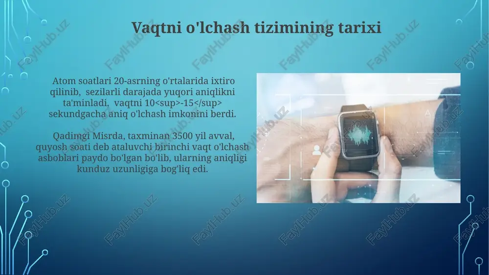 anizmi suvning gravitatsiya kuchi va tortish kuchiga asoslanadi, suv muayyan teshikdan sekundiga 1-2 ml tezlikda oqib, pastki idishning 15-20 daqiqada to'lishiga olib keladi. vaqtni o'lchashning zamonaviy usullari gps tizimi, sun'iy yo'ldoshlardan qabul qilingan signallar orqali, millisekund aniqlikda vaqtni sinxronlashtirishni ta'minlaydi va dunyo bo'ylab millionlab qurilmalarda ishlatiladi. atom soatlari, sezyum-133 atomining tebranish chastotasiga asoslangan bo'lib, 10 -15 darajadagi aniqlik bilan vaqtni o'lchash imkonini beradi, bu esa millisekundlarda xatolarni minimal darajaga tushiradi. bahorli soatlar an'anaviy bahorli soatlarning balandligi 10 sm dan 1 metrgacha o'zgarib turadi va ularning vazni esa 0,5 kg dan 5 kg gacha bo'lishi mumkin, bu esa o'lchamlarining farqini ko'rsatadi. bahorli soatlar mexanizmi, taxminan 20 dan ortiq mayda detallardan tashkil topgan boʻlib, ularning aniq harakatlari orqali vaqtni 1 sekundgacha aniq oʻlchaydi. mexanik soatlarning paydo bo'lishi mexanik soatlarning dastlabki modellari 14-asrda paydo bo'lib, ularning aniqligi taxminan 15 minutlik xatoga ega edi, bu esa kundalik hayot uchun yetarli emas edi. 16-asrda, pendulum …