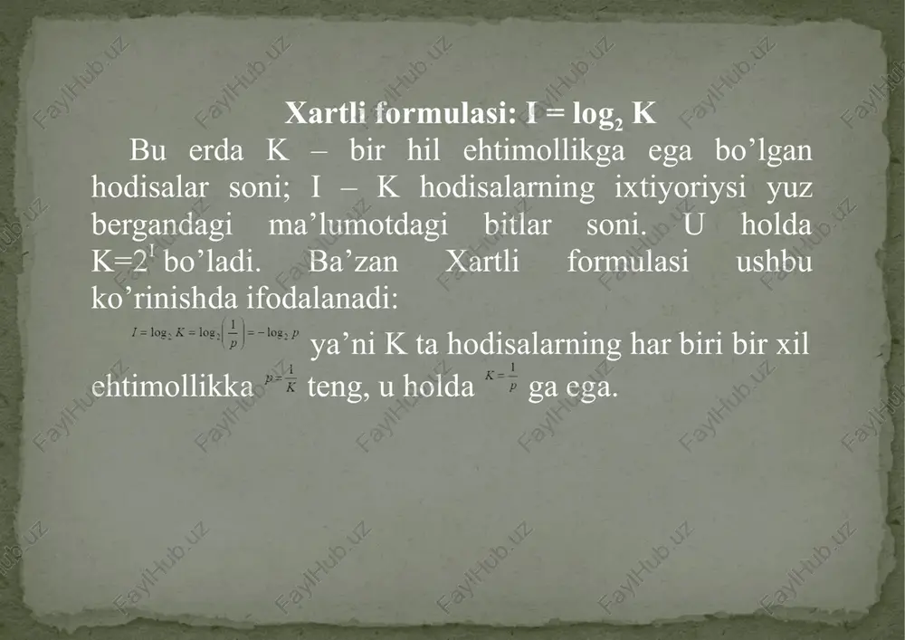 mulohazalardeyiladi. sodda mulohazalar ustidaamallar bajarib, murakkab mulohazalami hosil qilish mumkin. mulohazalarni lotin alifbosi harflari bilan belgilash (masalan, “bugun havo issiq”) qabul qilingan. har bir mulohaza faqatikkita:“rost” yoki “yolg’on” mantiqiy qiymatga ega bo’lishi mumkin. (qulaylik uchun “rost” qiymatni 1 raqami bilan, “yolg’on” qiymatni esa 0 raqami bilan belgilab olamiz). odatda biror mulohazani boshqa mulohazaga boglash yoki almashtirishuchun "emas", "va", "yoki", "agar...bo’lsa, u holda...bo’ladi", “zarur va yetarli” kabi bog’lovchilar yoki so’zlardan foydalanamiz. image3.png image4.png image5.png image6.png image7.png image8.png image9.png