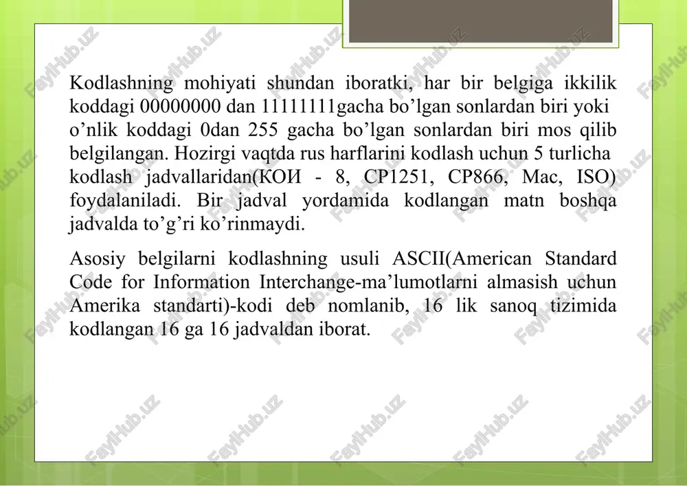 03d 256 rang. rang kodi o'rtasidagi munosabatlarbva ranglar soni-^ (palitraning o'lchami) quyidagiformula bilan ifodalanadi:k \u003d 2 b.kompyuter grafikasidagi adabiyotlarda ahamiyatibodatda chaqiriladibit chuqurligiranglar. tabiiy ranglar palitrasi bilan olinadib\u003d 24. bunday biroz chuqurlik uchun palitrada 16 milliondan ortiq rang mavjud. ushbu mavzuni o'rganayotganda, bit chuqurligi qiymatlari, grafik panjara o'lchamlari (rastr o'lchami) va video xotiraning hajmi o'rtasidagi bog'liqlikni ochib berish kerak. agar biz video- xotiraning minimal hajmini belgilasakvmko'rsatish aniqligi- m´n(mgorizontal va n nuqta vertikal), keyin ularning o'zaro munosabati quyidagi formula bilan ifodalanadi: olingan qiymat-bitta freymni, rasmning bitta sahifasini saqlash uchun zarur bo'lgan video xotiraning miqdori. deyarli har doim zamonaviy kompyuterlardatasvirning bir nechta sahifalari bir vaqtning o'zida video xotirasiga joylashtirilgan. atvektorli yondashuvrasm oddiy elementlarning kombinatsiyasi sifatida ko'rib chiqiladi: deyilgan to'g'ri chiziqlar, yoylar, doiralar, ellips, to'rtburchaklar, soyalar va boshqalar.grafik ibtidoiylar. grafik ma'lumotlar-bu rasmni tashkil etuvchi barcha grafik ibtidolarni aniq belgilaydigan ma'lumotlar. grafik primitlarning holati va shakli ko'rsatilgangrafik koordinatalar tizimiekranga tegishli. odatda, kelibchiqishi ekranning yuqori chap …