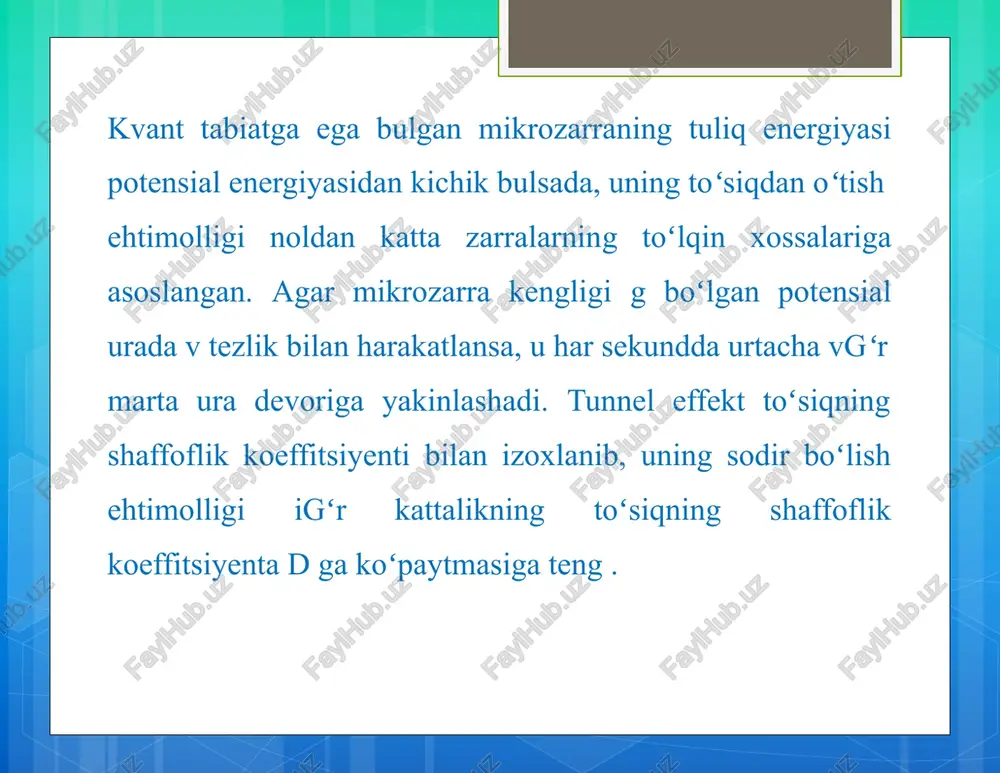 lgan. zarrachaning energiyasi ek+u(x) bo`lsa, u(x)>e bo`lganda ek u-e ), zarracha to`siqdan o`tib ketadi. bu hodisa fizikada tunnel effekt deb ataladi.zarrachalarni potensial to`siq orqalio`tishi ko`p tajribalarda tasdiqlandi. masalan, metallarda elektronlarning sovuq emissiya hodisasi kuzatiladi. elektron metaldanvakuumga chiqishi uchun, ya`ni vakuum bilan metall chegarasidagipotensial sakrashni engishi uchun, unga juda katta elektr maydoni ta`sir etish kerak. lekin tunnel effekti tufayli yuz barovar kichik elektr maydoni ta`sirida ham metallarda elektronlar emissiyasi sodir bo`laveradi. qattiq jismlar fizikasida metallbilan yarim o`tkazgich, yarim o`tkazgich bilan yarim o`tkazgich chegarasidan elektr tokini o`tish qonuniyati ham ko`p hollarda shu tunnel effekti bilan tushintiriladi. image2.png image3.png image4.png