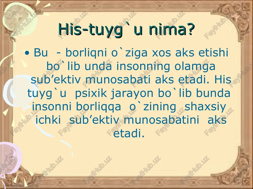 zaga keltirishga undovchi omillardan biridir. . bunday jarayonlar simpatik va parasimpatik nerv sistemasi tomonidan boshqariladi. hissiyotlarni o`rganish uchta yo`nalishi bo`yicha amalga oshiriladi. anglanmagan holda namoyon bo`luvchi asab tizimi, endokrin, ovqat xazm qilish va boshqa tizimlardagi o`zgarishlar bilan bog`liq jarayonlarni; anglangan sezgilar bilan bog`liq jarayonlarni. yuz ifodasi, imo-ishora va hatti -harakatlarda namoyon bo`luvchi hissiyotlar yig`indisini o`rganish. hissiyotlar o`zining kuchi, davomiyligi, sifati va mazmuniga ko`ra ham farq qilishi mumkin. hissiyotlarni eksperimental yo`l bilan o`rganganda har bir kishining hissiy holatlari haqidagi nutqiy tavsiflaridan va vegetativ xususiyatlarni turli usullar yordamida yozib olishdan foydalanish mumkin. hissiy holatlarning ifodalanishi (ekspressiv tomoni)ni o`rganishning qulayligi, tarixiy xujjatlar, kinoxronika lentalari, fotosurat va boshqalardan ham foydalanish mumkin. ekspressiya deganda, insonning jismoniy va ruhiy holatlarining tashqi namoyon bo`lishi harakati-mimika, tananing ifodali harakati -poza, qo`lning ifodali harakati imo-ishora (jest) ularning barchasi umumlashtirib, pantomimika deb ataladi. insonning ruhiy holati haqida eng ko`p axborotni mimika beradi. insonning pantomimik harakatlari yosh va individual xususiyatlariga bog`liq …