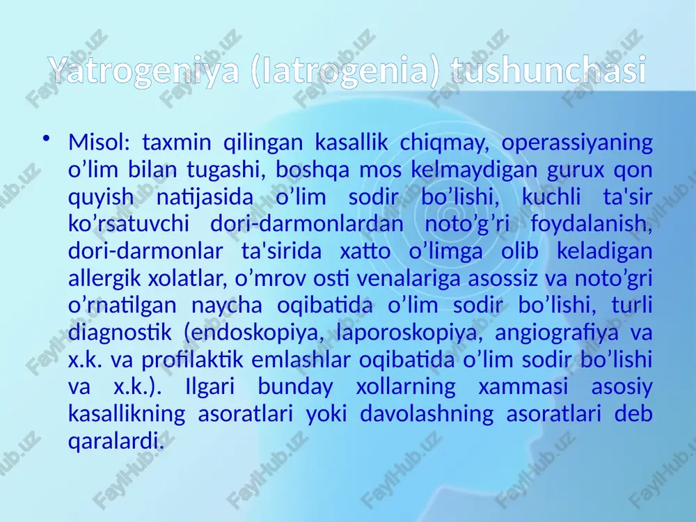 jruxlar, og’ir yaradorlarni dori darmon va gospital resursslari taqchilligi sababli o’ldirishgan. f.benonning yozishicha: «shifokorning burchi -faqatgina bemorni sog'lig’ini tiklabgina qolmasdan, balki shu kasallik natijasida paydo bo'lgan azob-uqubatlarni, og'riqni yengillashtirish, bemorning o'limini yengil, tinch va azobsiz kechishiga yordam berishdan iboratdir”. hozirgi davrda evtanaziya haqida turli qarama-qarshi fikrlar mavjud. evtanaziya tarafdorlari bu so'zni «yoqimli. yengil o'lim» deb baholasalar, qarshilar esa buni qotillik, deb izohlaydilar. evtanaziya turlari evtanaziyaning ikki xil: faol va sust turlari farqlanadi. sust evtanaziya - bu davoni to'xtatish orqali o'limni tezlatish. masalan: o’tkir va surunkali nafas yetishmovchiligida sun'iy nafas muolajasini o'tkazmaslik, uzoq vaqt o’g’ir axvolda yotgan bemorga muolajani to’xtatish, bemorga zarur mavjud dori -darmonni qo’llamaslik yoki ayni paytda zarur bo’lgan tibbiy amaliyotni bajarmaslik va hk. faol evtanaziya - ahvoli og'ir, uzoq vaqt surunkali kasallik bilan og'rib kelayotgan bemorlarga, masalan mns shikastlangan, tug'ma majruh va xavfli o'sma kasalligi bo’lgan bemorlarga ma’lum vosita va harakatlar orqali o'limni tezlatish. evtanaziya turlari bundan tashqari, …