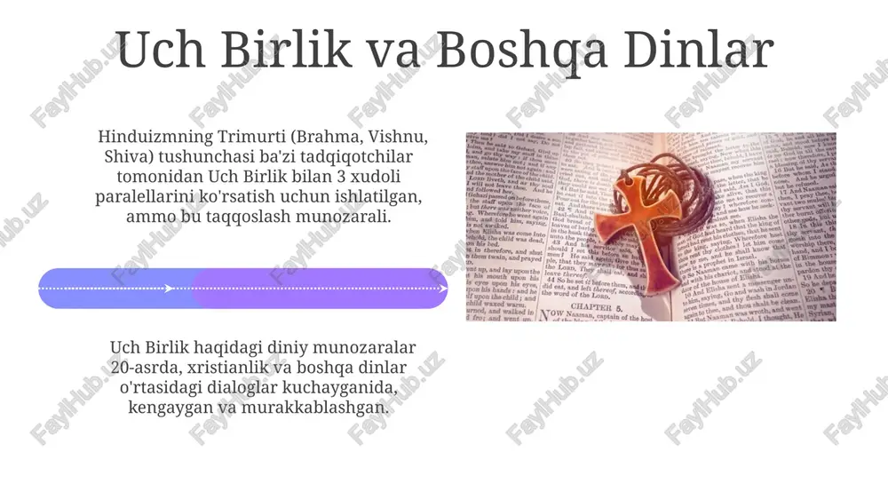 h, xristian ilohiyoti doirasida, 3 shaxsning (ota, o'g'il va muqaddas ruhning) bitta mohiyatda birlashganligini 4-asrda ta'kidlagan. uch birlikning asosiy xususiyatlari muqaddas uch birlikning mohiyati, bitta xudoning uchta shaxsiyligida ko‘rinib, uning tabiatini 3 asosli xususiyat – qudrat, donolik va muhabbat sifatida ifodalaydi. uch birlik doktrinasi, injilda 1-yuhanno 5:7 va matto 28:19 kabi oyatlarda yashiringan ramziy ishoralar orqali 3 shaxsning teng huquqliligini bayon etadi. e'tiboringiz uchun rahmat @taqdimot_robot image4.jpg image5.jpg image6.jpg image7.jpg image8.jpg image9.jpg image10.jpg image11.jpg image12.jpg image13.jpg image14.jpg image15.jpg image16.jpg image17.jpg image18.jpg image19.jpg image1.jpeg image2.jpeg image3.jpeg