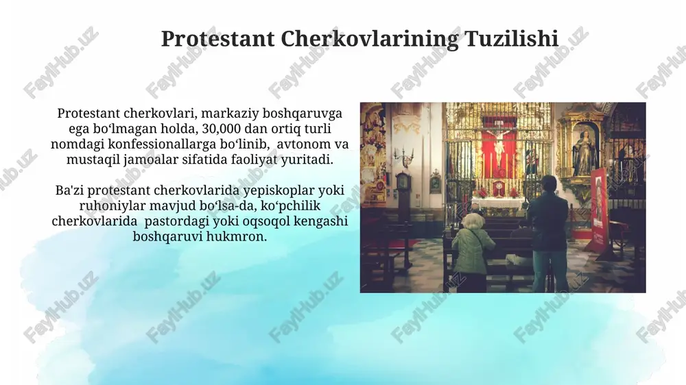 dagi markazlashgan iyerarxiyaga ega bo’lsa, pravoslav cherkovi mustaqil avtoksefal cherkovlarining birlashmasidir; protestantizm esa bir-biridan farq qiluvchi ko’plab konfessiyalardan iborat. protestantizm 16-asrda reformatsiya davrida paydo bo’lib, katolik cherkovining ta’limotlariga qarshi chiqqan martin lyuter, jan kalvin kabi islohotchilarning ta’siri ostida 300 dan ortiq turli nomdagi mazhablarga bo’lindi. marosimlar va an'analar (protestant) protestantlikda, masalan, suvga choʻmish marosimi odatda kattalar uchun amalga oshiriladi va bu odatda immersiya (toʻliq suvga choʻmish) usuli bilan bajariladi. protestant cherkovlarida 500 dan ortiq turli mazhablar mavjud boʻlib, ularning har biri oʻziga xos marosimlar va an'analarga ega. pravoslavlikka umumiy nuqtai pravoslav cherkovining 7 ta sakramentga ega ekanligi, shu jumladan suvga cho'mdirish, moylanganlik va muqaddas qurbongah kabi muhim marosimlarni o'z ichiga olishi. pravoslav cherkovining boshqaruv tuzilmasi patriarxlar va yepiskoplar tomonidan boshqariladigan avtokrat (o'zboshimchalik) tuzumiga asoslangan. uning tarixi taxminan 1500 yildan ortiq davom etadi. e'tiboringiz uchun rahmat @taqdimot_robot image2.jpg image3.jpg image4.jpg image5.jpg image6.jpg image7.jpg image8.jpg image9.jpg image10.jpg image11.jpg image12.jpg image13.jpg image14.jpg image15.jpg …