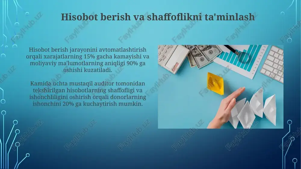 turli manbalardan foydalanish va har bir manba uchun alohida ariza taqdim etish muvaffaqiyat ehtimolini 30% ga oshiradi. investitsiya loyihalarini muvaffaqiyatli boshqarish uchun kamida 2 ta tajribali mutaxassisni jalb qilish va ularning ishini muntazam ravishda monitoring qilish zarur, bu xarajatlarni 10% tejashga yordam beradi. moliya resurslarini jalb qilishning zamonaviy usullari grantlarni olish uchun professional grant yozish xizmatlaridan foydalanish, muvaffaqiyat ehtimolini 2 barobarga oshirib, 70% gacha muvaffaqiyat ko'rsatkichini ta'minlaydi. moliyaviy resurslarni jalb qilishda crowdfunding platformalaridan foydalanish, o'rtacha 30% gacha mablag' yig'ish samaradorligini oshiradi va 1000 dan ortiq kichik xayriya hissasini jalb qilish imkonini beradi. xalqaro hamkorlik va tajriba almashish kamida 10 ta rivojlangan mamlakatdan kelgan ekspertlar notijorat tashkilotlarining moliyaviy boshqaruv bo'yicha treninglarida ishtirok etgan. xalqaro notijorat tashkilotlari bilan 50 dan ortiq hamkorlik shartnomalari tuzilgan bo'lib, ularning moliyaviy shaffoflik va hisobot berish tizimlari o'rganilmoqda. e'tiboringiz uchun rahmat @taqdimot_robot image3.jpg image4.jpg image5.jpg image6.jpg image7.jpg image8.jpg image9.jpg image10.jpg image11.jpg image12.jpg image13.jpg image14.jpg image15.jpg image16.jpg image17.jpg …