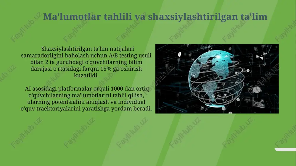 qda. onlayn ta'limning jadal rivojlanishi natijasida 2020-yildan keyin dunyo bo'yicha 1,2 milliarddan ortiq talaba masofaviy ta'limga o'tdi, bu esa texnologiyalarni qo'llashga bo'lgan talabni keskin oshirdi. global hamkorlik va bilim almashinuvi oecd ma'lumotlariga ko'ra, xalqaro talabalar almashinuvi 2010 yildan buyon 15% ga o'sgan bo'lib, bu global bilim almashinuvi va madaniy boyitishga hissa qo'shmoqda. jahon miqyosida 200 dan ortiq universitetlar o'zaro hamkorlik shartnomalarini imzolab, talaba almashinuvi dasturlarini, qo'shma tadqiqot loyihalarini va onlayn kurslarni amalga oshirmoqda. kelajakdagi ta'lim tendentsiyalari metavers texnologiyalari ta'limda faol qo'llanila boshlanib, o'quvchilarga 3d simulyatsiyalar va immersiv muhitlar orqali murakkab tushunchalarni o'rganish imkoniyatini beradi va bu texnologiya 2025 yilga kelib keng tarqaladi. global miqyosda ta'limning 70% ga yaqini onlayn formatga o'tishi va virtual va kengaytirilgan reallik texnologiyalarining integratsiyasi orqali interaktiv o'quv tajribalari yaratilishi kuzatilmoqda. e'tiboringiz uchun rahmat @taqdimot_robot image1.jpg image2.jpg image3.jpg image4.jpg image5.jpg image6.jpg image7.jpg image8.jpg image9.jpg image10.jpg image11.jpg image12.jpg image13.jpg image14.jpg image15.jpg image16.jpg image17.jpg