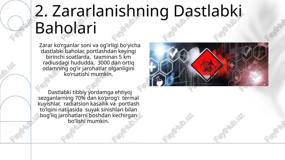 salan, qusish, diareya, qon ketishi va bosh og'rig'i, shuningdek, dozani baholash uchun 5-10 daqiqa ichida dastlabki tekshiruv zarur. 14.evakuatsiya va odamlarni ko'chirish radiatsiya darajasi yuqori bo'lgan hududlardan odamlarni ko'chirish uchun maxsus himoya vositalari va transport vositalari, shu jumladan 500 dan ortiq maxsus avtobuslar kerak bo'ladi. evakuatsiya jarayonida 50 km radiusdagi zonadan 100,000 dan ortiq aholini 72 soat ichida ko'chirish rejalashtirilgan, bu esa katta logistika muammolarini keltirib chiqarishi mumkin. 15.oshqozon-ichak trakti shikastlanishlarining davolash ichak devorining yaxlitligini tiklash uchun jarrohlik amaliyoti 5-7 kun ichida o'tkazilishi mumkin, bu esa peritonit xavfini kamaytiradi. og'ir darajadagi shikastlanishlarda, qon quyish, antibiotiklar va og'riq qoldiruvchi vositalar 24 soat ichida qo'llanilishi lozim. e'tiboringiz uchun rahmat @taqdimot_robot image1.png image2.jpg image3.jpg image4.jpg image5.jpg image6.jpg image7.jpg image8.jpg image9.jpg image10.jpg image11.jpg image12.jpg image13.jpg image14.jpg image15.jpg image16.jpg