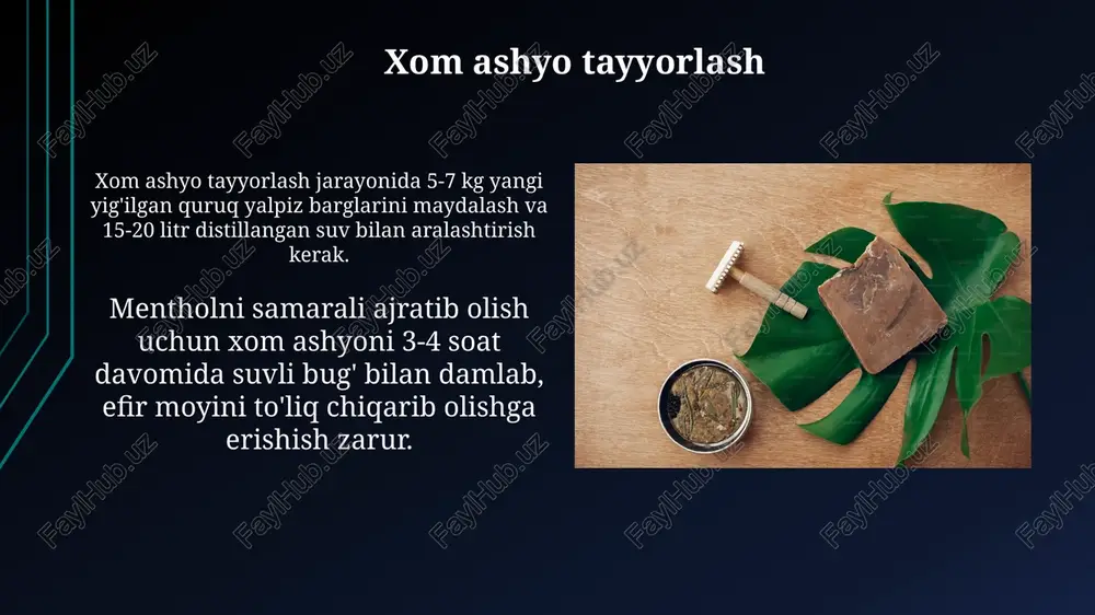 sig'imli qaytaruvchi kondensatorli claisen kolbasi ishlatilishi mumkin. mentholni aniqlash usullari menolni ajratib olishning samarali usullaridan biri, 5-10% li ishqor eritmasi bilan ekstraksiya qilish bo‘lib, bu jarayon mentolning suvda eruvchanligini oshiradi va keyinchalik kristallanish orqali ajratib olish imkonini beradi. superkritik co2 ekstraksiyasi, 30-40 mpa bosim va 35-40°c haroratda amalga oshirilib, yuqori tozalikdagi mentolni olish imkonini beradi va bu usul erituvchilarni ishlatmasligi bilan afzal. e'tiboringiz uchun rahmat @taqdimot_robot image1.jpg image2.jpg image3.jpg image4.jpg image5.jpg image6.jpg image7.jpg image8.jpg image9.jpg image10.jpg image11.jpg image12.jpg image13.jpg image14.jpg image15.jpg image16.jpg image17.jpg