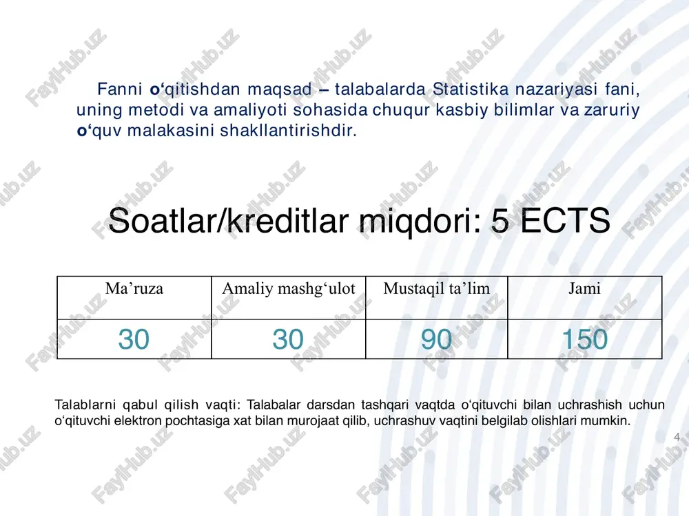 nma. oʻquv qoʻllanma. “iqtisodiyot” nashriyoti – t.: tdiu, 2021 – 160 bet. 2. x.shadiev, i.xabibullaev. statistika boʻyicha praktikum. oʻquv qoʻllanma . – t.:iqtisod- moliya 2015. – 334 b (ushbu kitob universitet armda pdf variantda mavjud) 3. h.nabiev, m.sh.ahmedova. iqtisodiy statistika. darslik. 2023 yil. 385 bet. (oʻquv qoʻllanma universitet arm da bosma va pdf variantda mavjud). 4. ulitina e.v. i dr. statistika. uchebnoe posobie. – m.: market ds, 2017. – 312 str. 5. teoriya statistiki. uchebnik. pod red. r.a.shmoylovoy. – m.: finansi i statistika, 2015. – 655 str. 6. efimova m.r. sotsialno-ekonomicheskaya statistika. uchebnik. – m.: yurayt, 2016. – 591s. 13 axborot manbalari www.lex.uz – oʻzbekiston respublikasi qonun hujjatlari ma’lumotlari milliy bazasi. www.mf.uz – oʻzbekiston respublikasi iqtisodiyot va moliya vazirligi sayti. www.stat.uz - oʻzbekiston respublikasi prezidenti huzuridagi statistika agentligining rasmiy sayti. www.mift.uz - oʻzbekiston respublikasi investitsiyalar, sanoat va savdo vazirligi sayti. www.countrymeters.info – jahon aholisi on-layn hisobi. www.worldinvestmentreport.org - jahon investitsion …