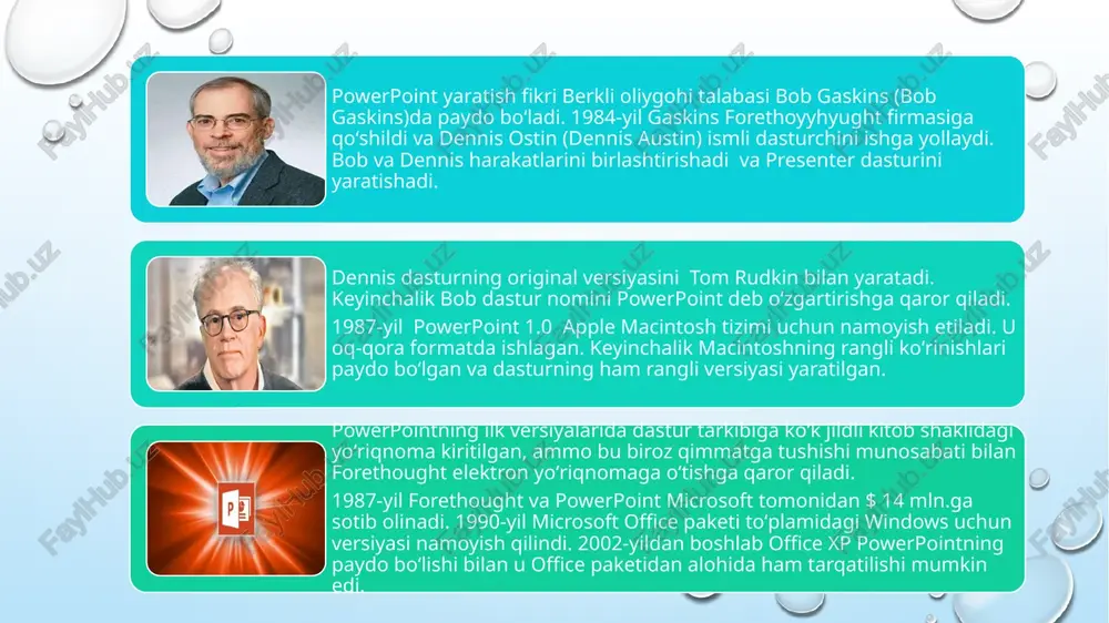 alar,qidirish va almashtirish vstavka - slaydga jadval, tasvir, illyustratsiya, gipermurojaat, matn, belgi vamultimediyalar joylash.dizayn - slayd sahifasi parametrlari, mavzulari va fonini tanlash.perexodi - bir slayddan boshqasiga o'tish, slaydni ko'rsatish vaqti va tovush o'rnatish hamda tanlanganlarni ijro etib ko'rish animatsiya - slayd obyektlariga harakat, qo'shimcha harakat, slaydni ko'rsatish vaqtini o'rnatish hamda tanlanganlarni ijro etib ko'rish pokaz slaydov - taqdimotni boshidan yoki kelgan joyidan namoyish qilish va ularni sozlash retsenzirovanie - to'g'ri yozilganligini tekshirish, mtn yozilgan tilni o'zgartirish va izohlar o'rnatish vid - taqdimotni ko'rish rejimini o'zgartirish, bir nechta oynalar bilan ishlash va boshqa amallarni bajarish buyruqlari jamlangan. ms power point oynasining ish sohasida yangi taqdimot yaratish uchun odatiy qabul qilingan slaydning maketi bilan birga slaydga eslatmalar joylashtirish (zametki kslaydu) darchasi, tasmasida glavnaya deb atalgan vkladkaga o'rnatilgan vosita(instrument)lar panellari nomlari va elementlari, quyi o'ng tarafida slaydlar bilan ishlash rejimlari va slayd masshtabi, chap tarafida barcha yaratilgan slaydlarning kichraytirilgan shakli ko'rinib turadi ms …