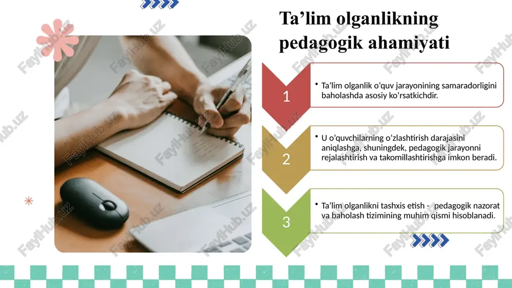 ir xil yondashuv qo‘llash noto‘g‘ri xulosalarga olib keladi. vaqt yetishmasligi – o‘qituvchilar tashxisni chuqur o‘tkazishga vaqt topolmasligi. texnik va metodik kamchiliklar – testlar, so‘rovnomalar yoki kuzatuv usullarining ilmiy asoslanmaganligi. tashxisda yuzaga keladigan pedagogik muammolar. tashxisda yuzaga keladigan pedagogik muammolar orasida ob'ektivlikning yo'qligi, shaxsiy xatoliklar, malakali mutaxassislar yetishmasligi va tashxis usullarini noo'rin qo'llash kabi holatlar mavjud. bu muammolarni hal qilish uchun obyektivlikni oshirish, usullarni takomillashtirish va mutaxassislar tayyorlash zarur. obyektivlikning yo'qligi: pedagogik tashxisda sub'ektivlik ustunlik qilib, o'qituvchining shaxsiy qarashlari va xatolariga yo'l qo'yishi mumkin. shaxsiy xatoliklar: o'qituvchi yoki psixologning o'zining malakasi, tajribasi, o'quvchilar bilan munosabati kabi shaxsiy omillari tashxis natijalariga salbiy ta'sir ko'rsatishi mumkin. malakali mutaxassislar yetishmasligi: o'quvchilarning individual xususiyatlarini to'g'ri tashxis qila oladigan malakali pedagog va psixologlar sonining yetarli emasligi. tashxis usullarining noo'rin qo'llanilishi: ba'zi hollarda tashxis usullaridan noto'g'ri foydalanish, usullarning to'g'ri tanlanmasligi yoki natijalarni noto'g'ri talqin qilish holatlari kuzatiladi. yagona yondashuvning yo'qligi: tashxis jarayonida yagona, universal usullar va me'yorlarning …