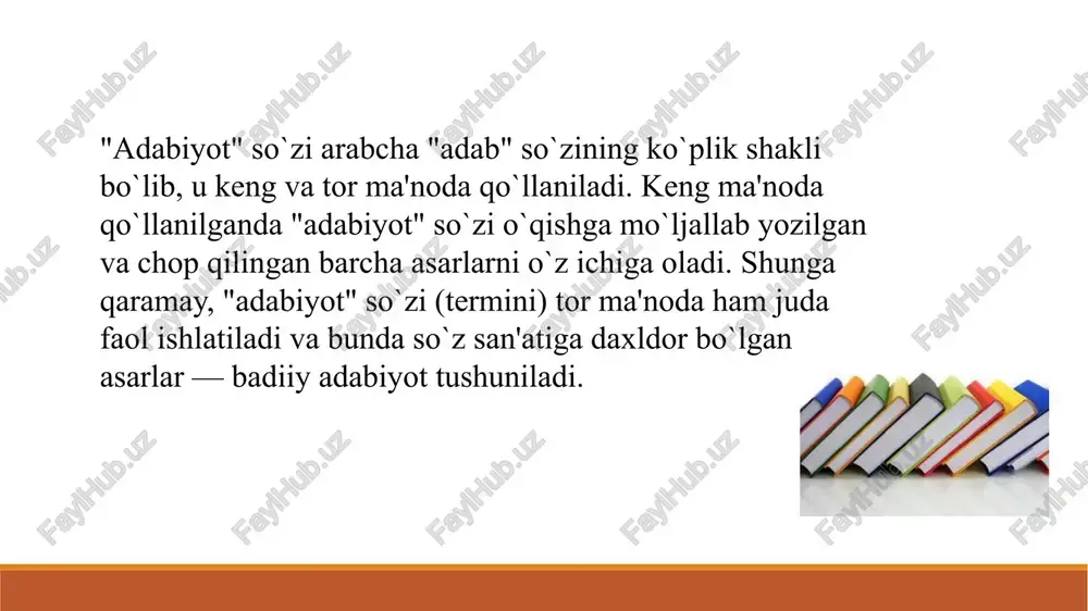 ini yaratishga xizmat qildi. bibliografiya (kitobiyot). adabiyotshunoslik bibliografiyasi adabiyotshunoslikning ilmiy-amaliy sohasi sanalib, adabiyotshunoslikka oid ilmiy asarlar, maqolalar, shuningdek, badiiy asarlar ro`yxatini, bibliografik qo`llanma, ko`rsatkichlar tuzish bilan shug`ullanadi. adabiyotshunoslikning boshqa fanlar bilan aloqasi haqida gapirganda, avvalo, uning tilshunoslik bilan aloqasi xususida to`xtalish lozim. badiiy adabiyotning materiali so`z, adabiy asar esa so`zlardan tarkib topuvchi matndir. badiiy matn esa, ravshanki, til qonuniyatlari asosida tarkib topadi. til qonuniyatlarini bilishlik matnning qurilishi, tagma'nolari, ishlatilgan stilistik figuralarning estetik qimmati haqida fikr yuritishda juda muhim. 1.4.adabiyotshunoslikning boshqa fanlar bilan aloqasi. 21 tilshunoslik kishilar orasidagi muloqot vositasi bo`lgan tilni o`rgansa, adabiyotshunoslik ijodkor va o`quvchi orasidagi badiiy muloqot vositasi bo`lgan badiiy asarni o`rganadi. muloqot qonuniyatlarining mushtarakligi esa adabiyotshunoslikning qator muammolarini til qonuniyatlari bilan qiyosan o`rganish va o`rgatish imkoniyatini ochadi. 22 adabiyotshunoslikning tarix fani bilan ham uzviy aloqasi bor. ma'lum bir davr adabiyoti yoki o`tmishda yaratilgan konkret asarni tadqiq etayotgan adabiyot tarixchisi o`sha davr ijtimoiy-tarixiy hodisalarini o`rganmog`i shart, aks holda …