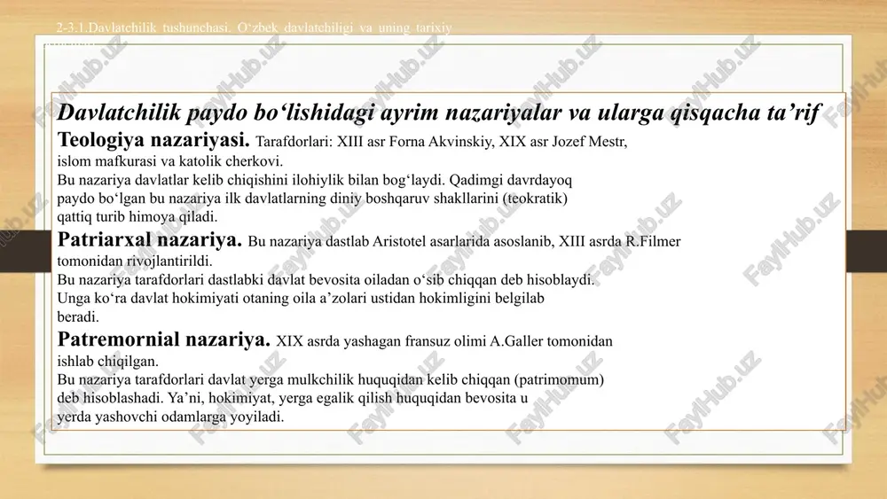 qimizning qalbida abadiy muhrlandi. ziyolilar harakati turkiston rossiya imperiyasi mustamlakachiligi davrida mahmudxo'ja behbudiy, abdulla qodiriy, cho'lpon, fitrat kabi vatanparvar ziyolilar milliy ozodlik mafkurasi va g'oyalarini targ'ib qildilar. ular mamlakatning siyosiy, ijtimoiy-iqtisodiy va ma'naviy-ma'rifiy yangilanishi uchun kurashdilar. ommaviy harakatlar 1916-yil quloqlar ko'zg'oloni, 1917-18-yillar mustaqillik uchun kurash, 1920-1930-yillar orasida sodir bo'lgan dehqon qo'zg'olonlari, o'zbekiston ssrni tuzish jarayonlari - o'zbekiston xalqining erkinlik va mustaqillik yo'lida amalga oshirgan harakatlaridan ayrimlarini ko'rsatadi. 2-3.2.mamlakatimiz erki va ozodligi uchun kurashgan qahramon shaxslar: shiroq, spitamen, jaloliddin manguberdi va boshqalar. 8 2-3.2.mamlakatimiz erki va ozodligi uchun kurashgan qahramon shaxslar: shiroq, spitamen, jaloliddin manguberdi va boshqalar. 2.2.mamlakatimiz erki va ozodligi uchun kurashgan qahramon shaxslar: shiroq, spitamen, jaloliddin manguberdi va boshqalar. amir temur va temuriylar davri buyuk sarkarda amir temur yirik davlat arbobi va sarkarda sifatida o'z davrining qudratli imperator, serqirra iste'dodli shaxs edi. u o'z hukmronligi davrida katta harbiy g'alabalar qozonib, markaziy osiyoda kuchli davlat barpo etdi. madaniyat va fan …