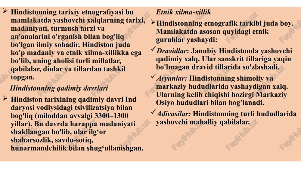 sezilarli ta’sir ko‘rsatdi. musulmonlar hind jamiyatiga kirib, mamlakatning etnik va diniy xilma-xilligini yanada boyitdi. mustamlakachilik davri xvii asrdan boshlab hindiston britaniya imperiyasi tarkibiga kirdi. mustamlakachilik davri ham hindiston etnik va madaniy tarixiga o‘zining izini qoldirdi. britaniyaliklar hindistonning iqtisodiy va siyosiy tuzilmasini o‘zgartirgan bo‘lsa, aholi o‘rtasidagi etnik ajralishlar va ijtimoiy ziddiyatlarni kuchaytirdi. zamonaviy hindiston 1947 yilda hindiston mustaqillikka erishganidan so‘ng, mamlakatning etnik va diniy tarkibi yanada rang-baranglashdi. hindiston davlatining shakllanishi paytida etnik guruhlar va diniy ozchiliklarning huquqlarini himoya qilish maqsadida ko‘p madaniyatlilik siyosati joriy etildi. hozirda hindistonda yuzdan ortiq turli etnik guruhlar va tillar mavjud bo‘lib, ularning har biri o‘ziga xos madaniyati va urf-odatlariga ega. hindistonning etnik tarixi bu hududda yashagan va yashayotgan ko‘plab xalqlarning uzluksiz integratsiyasi va aralashuvi natijasida shakllangan bo‘lib, bugungi kunda mamlakatning etnik xilma-xilligi va boy madaniyatini aks ettiradi. 1. irqiy xilma-xillik: hindiston juda xilma-xil mamlakat bo'lib, uning irqiy, diniy va til jihatlari quyidagicha: irqi,dini,tili hindistonda ko'plab etnik …