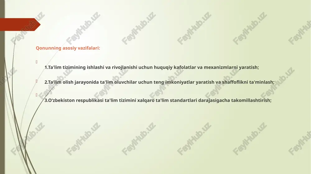 lish huquqiga ega. bepul umumiy ta‘lim olish davlat tomonidan kafolatlanadi. maktab ishlari davlat nazoratidadir. bu sermazmun va purma‘no qonun 42-moddada yanada rivojlantiriladi». «har kimga ilmiy va texnikaviy ijod erkinligi, madaniyat yutuqlaridan foydalanish xuquqi kafolatlanadi. davlat jamiyatning madaniy, ilmiy va texnikaviy rivojlanishiga g’amxo’rlik qiladi.» 7-modda. ta’lim turlari quyidagilardan iborat: maktabgacha ta‘lim va tarbiya; umumiy o‗rta va o‗rta maxsus ta‘lim; professional ta‘lim; oliy ta‘lim; oliy ta‘limdan keyingi ta‘lim; kadrlarni qayta tayyorlash va ularning malakasini oshirish; maktabdan tashqari ta‘lim. maktabdan tashqari ta‘lim- maktabdan tashqari davlat va nodavlat ta‘lim muassasalarida davlat organlari, jamoat tashkilotlari, yuridik va jismoniy shaxslar tomonidan madaniy-estetik, ilmiy, texnikaviy, sport va boshqa yo’nalishlarda yo’lga qo’yilib, bolalar hamda o’smirlarning ta‘limga bo’lgan, yakka tartibdagi, ortib boruvchi talab-ehtiyojlarni qondirish, ularning bo’sh vaqti va dam olishini tashkil etish maqsadida olib boriladi. 8-modda. maktabgacha ta‟lim va tarbiya maktabgacha ta‘lim va tarbiya bolalarni o’qitish va tarbiyalashga, ularni intellektual, ma‘naviy-axloqiy, etik, estetik va jismoniy jihatdan rivojlantirishga, shuningdek bolalarni …