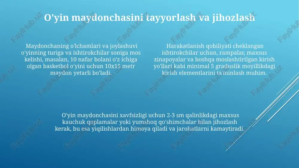 an ortiq shikastlanish holati ro’y bergan taqdirda tadbirni to’xtatish va tegishli organlarga xabar berish majburiyati. intellektual mulk huquqlariga rioya qilish, ya’ni o’zgartirilgan o’yinlarni tijorat maqsadlarida foydalanishda mualliflik huquqiga ega bo’lgan shaxslarning ruxsatini olish zarurligi. 2-3 ta manbadan foydalanilgan holatda tegishli ma’lumotlar keltirilishi lozim. o'yin materiallarini tanlash va tayyorlash o'yin materiallarini tanlashda, turli xil yosh va qobiliyatdagi 5-10 nafar ishtirokchining ehtiyojlarini hisobga olib, kamida 3 xil turdagi moslashtirilgan o'yin jihozlarini tayyorlash kerak. har bir o'yin uchun zarur bo'lgan materiallar ro'yxatini tuzing va ularning miqdorini aniqlang, masalan, 20 ta to'p, 10 ta konus va 5 ta halqa kabi. xavfsizlikni ta'minlash uchun materiallar mustahkam va xavfsiz bo'lishi kerak. o'yin materiallarini tayyorlashda, ranglar, o'lchamlar va teksturalar farqlanishiga e'tibor bering. bu sensorli integratsiyani yaxshilash va ishtirokchilarning qiziqishini oshirishga yordam beradi. qatnashchilarning fikr-mulohazalari va qayta aloqa o'yinlardan keyingi so'rovnomalar natijalari shuni ko'rsatdiki, 5 ta asosiy muammo aniqlangan bo'lib, ularning har biri uchun o'rtacha 2 ta taklif …