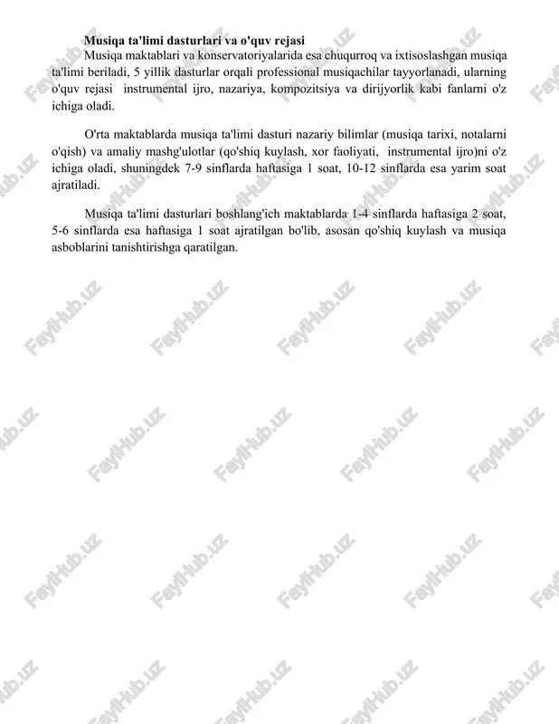 i dasturlari va o'quv rejasi musiqa maktablari va konservatoriyalarida esa chuqurroq va ixtisoslashgan musiqa ta'limi beriladi, 5 yillik dasturlar orqali professional musiqachilar tayyorlanadi, ularning o'quv rejasi instrumental ijro, nazariya, kompozitsiya va dirijyorlik kabi fanlarni o'z ichiga oladi. o'rta maktablarda musiqa ta'limi dasturi nazariy bilimlar (musiqa tarixi, notalarni o'qish) va amaliy mashg'ulotlar (qo'shiq kuylash, xor faoliyati, instrumental ijro)ni o'z ichiga oladi, shuningdek 7-9 sinflarda haftasiga 1 soat, 10-12 sinflarda esa yarim soat ajratiladi. musiqa ta'limi dasturlari boshlang'ich maktablarda 1-4 sinflarda haftasiga 2 soat, 5-6 sinflarda esa haftasiga 1 soat ajratilgan bo'lib, asosan qo'shiq kuylash va musiqa asboblarini tanishtirishga qaratilgan. 📌xulosa polshalik musiqa ta'limi tizimida muhim o'rin tutib, bolalar va kattalar uchun keng imkoniyatlar yaratadi. uning rivojlanishi milliy madaniyatni boyitish va musiqiy iste'dodlarni kashf etishga xizmat qiladi. 📚foydalanilgan adabiyotlar 1. polshada musiqa ta'limi va uning tizimdagi o'rni haqidagi monografiya. varshava, 2023 yil. 2. polsha respublikasi ta'lim vazirligining musiqa ta'limiga oid yo'riqnomalari to'plami. …