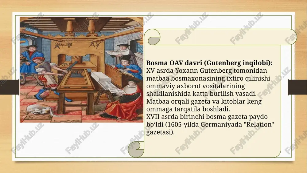 qamrab oladi. real vaqt rejimida ma’lumot uzatishga qodir. ijtimoiy, madaniy va siyosiy axborot tarqatishda samarali vosita hisoblanadi. 3. raqamli oav (onlayn media) turlari: veb-saytlar, bloglar, onlayn gazeta va jurnallar. xususiyatlari: internet orqali ishlaydi va global auditoriyaga xizmat qiladi. matn, tasvir, video va audio orqali interaktiv axborot yetkazadi. tezkor yangiliklar va foydalanuvchi tomonidan yaratilgan kontentga asoslangan. axborot almashinuvi ikki tomonlama bo‘lib, foydalanuvchilar izoh yoki fikr qoldirishi mumkin. texnologiya va raqamli qurilmalar rivojlanishi bilan yanada ommalashmoqda. 4. ijtimoiy media turlari: facebook, twitter, instagram, tiktok, youtube. xususiyatlari: foydalanuvchilar tomonidan yaratilgan kontentga asoslangan. tezkor va interaktiv axborot almashinuvi uchun xizmat qiladi. boshqa turlarga nisbatan auditoriyani faol ishtirok etishga chorlaydi. ko‘pincha reklama va targ‘ibot vositasi sifatida ishlatiladi. axborot ommaviy tarqalishini avtomatlashtirishga qodir. 5. an’anaviy tashqi media turlari: bannerlar, bilbordlar, afishalar, led ekranlar. xususiyatlari: ko‘pincha ochiq joylarda joylashtiriladi. ma’lumotlarni oddiy va qisqa ko‘rinishda yetkazadi. keng ko‘lamli auditoriyani qamrab olishga qaratilgan. reklama va targ‘ibot uchun samarali vosita. …