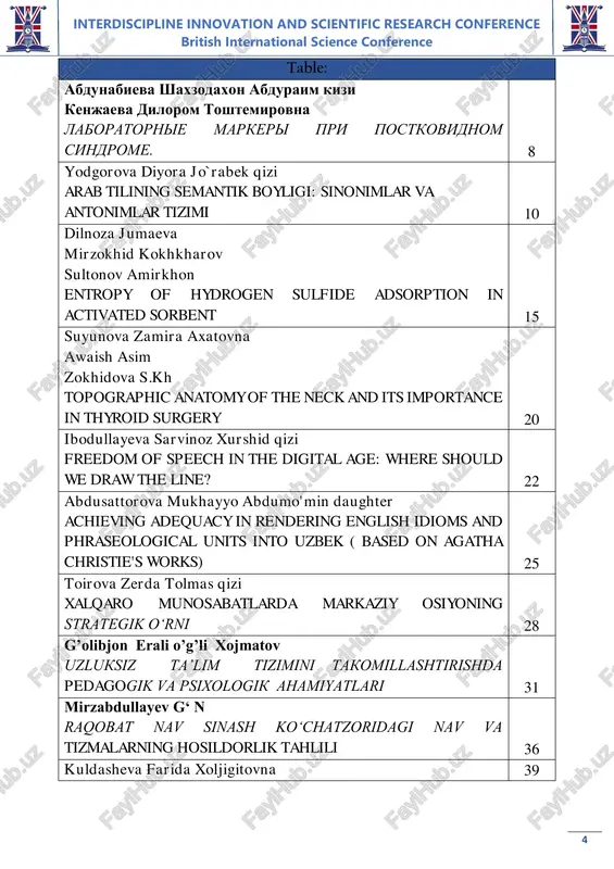 li va ularning qo‘llanilishi 142 bekmuxammedov bunyodbek nurmuxammad o‘g‘li masofaviy onlayn ta’lim tizimini takomillashtirish texnologiyalari 145 interdiscipline innovation and scientific research conference british international science conference 8 laboratornie markeri pri postkovidnom sindrome. abdunabieva shaxzodaxon abduraim kizi studentka 4-kursa “lechebnoe delo” kenjaeva dilorom toshtemirovna nauchniy rukovoditel tashkentskaya meditsinskaya akademiya termezskiy filial. aklualnost temi postkovidniy sindrom (pks) (ili dlitelniy covid, takje nazivayut long covid) – eto kompleks simptomov, soxranyayushixsya ili poyavlyayushixsya spustya 4 i bolee nedel perenesyonoy ostroy infektsii covid-19. po dannim voz, do 10–30% patsientov ispitivayut stoykie simptomi spustya mesyatsi posle perenesyonnogo covid-19. eti proyavleniya snijayut kachestvo jizni i trudosposobnost. v takix usloviyax osobenno vajna tochnaya i ob'ektivnaya diagnostika, gde laboratornie markeri igrayut klyuchevuyu rol. v laboratornie markeri stanovyatsya vajnim instrumentom, pozvolyayushim viyavit skritie vospalitelnie, immunnie i tromboticheskie izmeneniya. povishennie urovni s-reaktivnogo belka, d-dimera, ferritina i interleykina-6 chasto fiksiruyutsya u patsientov s postkovidnimi oslojneniyami. nauchnaya osnova temi patofiziologiya postkovidnogo sindroma vklyuchaet …