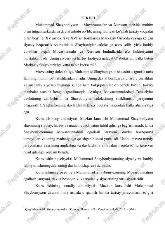 anga olayotgan va bosib olish uchun qulay fursat yuzaga kelayotgan lahzada koʼp sonli oʼzbek otliq askarlari sharofati bilan allaqachon movaraunnahrning koʼplab muhim nuqtalarini amalda egallab olgandi. bu omadli jangchi temuriylar hukmronligiga nuqta qoʼydi”.2 temuriylar hukmronligiga nuqta qoʼygan shayboniyxon kim boʼlgan? sulton muhammad shayboniyxon (1451-1510) abulxayrxonning nevarasi, shohbudogʼ sultonning oʼgʼli, shayboniylar sulolasi asoschisi. abulxayrxon uni “shohbaxt” deb atagan. otasi bevaqt vafot etgach, abulxayrxonning qaramogʼida qolgan. sulton muxammad shaybon boyshayx otaligʼida voyaga yetgan. abulxayrxonning vafotidan soʼng shayboniyxon dashti qipchoqda oʼz hukmronligini oʼrnatgan. shayboniyga otasining sodiq xizmatkori qorachabek gʼamxoʼrlik qilib, “…bu shahzodaga sadoqat bilan xizmat qilgan” . shayboniyga turkiston va oʼtror hukmdori muhammad mazid tarxon homiylik qilgan. herman vamberi yozishicha, mazid tarxon “…oʼzbek boshliqlarining yelkasiga chiqib olishi tahlikasini his etgandan keyin, xavfdan qutulish uchun ularni buxoro hokimi abdulali tarxonga yuborgan” . mahalliy hukmdorlar muhammad shayboniyxonning kuchidan ichki va tashqi raqiblariga qarshi kurashda foydalanganlar. bu kurashlarda shayboniyxon mohir lashkarboshilik qobiliyatini namoyon qilgan .3 2 …