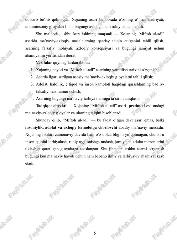 fikrlari zamonaviy davrda ham o‘z dolzarbligini yo‘qotmagan, chunki u inson qalbini tarbiyalash, ruhiy uyg‘onishga undash, jamiyatda adolat mezonlarini tiklashga qaratilgan g‘oyalarga asoslangan. shu jihatdan, ushbu asarni o‘rganish bugungi kun ma’naviy hayoti uchun ham bebaho ilmiy va tarbiyaviy ahamiyat kasb etadi. i bob. xoja va uning “miftoh ul-adl” asarining yaratilish tarixi hamda mazmun mohiyati 1.1. xojaning hayoti, ilmiy merosi va “miftoh ul-adl” asarining yaratilish sabablari sharq uyg‘onish davri mutafakkirlari orasida insonparvarlik, adolat va axloqiy kamolot g‘oyalarini chuqur falsafiy asosda yoritgan allomalar ko‘p bo‘lgan. shulardan biri — “miftoh ul-adl” (“adolat kaliti”) asari muallifi bo‘lgan buyuk mutafakkir xojadir. u o‘z davrining yirik ma’naviy rahnamosi, ilohiy va ijtimoiy adolatni uyg‘unlashtirgan so‘fiy, axloqshunos va adib sifatida e’tirof etilgan. xoja o‘z ilmiy merosi bilan nafaqat diniy-axloqiy tafakkur, balki falsafa, siyosat, tarbiya va jamiyatshunoslik sohalariga ham chuqur ta’sir ko‘rsatgan. xojaning hayoti sharqning ma’rifiy uyg‘onish davriga to‘g‘ri keladi — bu davrda islomiy ilmlar, tasavvuf, falsafa va axloqshunoslik o‘zining …