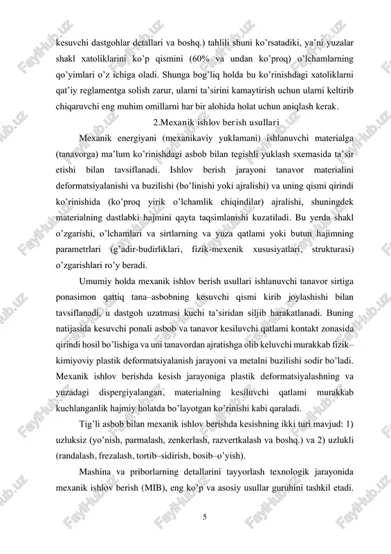 adi. mexanik ishlov berishda kesish jarayoniga plastik deformatsiyalashning va yuzadagi dispergiyalangan, materialning kesiluvchi qatlami murakkab kuchlanganlik hajmiy holatda bo’layotgan ko’rinishi kabi qaraladi. tig’li asbob bilan mexanik ishlov berishda kesishning ikki turi mavjud: 1) uzluksiz (yo’nish, parmalash, zenkerlash, razvertkalash va boshq.) va 2) uzlukli (randalash, frezalash, tortib–sidirish, bosib–o’yish). mashina va priborlarning detallarini tayyorlash texnologik jarayonida mexanik ishlov berish (mib), eng ko’p va asosiy usullar guruhini tashkil etadi. 6 mexanik ishlov berish usullarining qo’llaniluvchi asboblar turiga bog’liq, tasnifi 3. aniqlikka avtomatik erishish usulini qo’llashda aniqlikni oshirish yo’llari bu sharoitlarda texnologik omillarning aniqlikka ta’siri, avvalgi usulga qaraganda boshqacharoq bo’ladi. tanavorlarga sozlangan dastgohlarda ishlov berish ishchining individual mahoratining muhimligi texnologik jarayon borishiga va sifatli mahsulot olishga ta’sirini deyarli to’la yo’q qilishi mumkin. subektiv omil dastgohni bajariluvchi o’lchamga sozlash va qayta sozlash jarayonida ishlov berish aniqligiga ta’sir ko’rsatadi. ishchining subektiv sifati ishlanuvchi tanavorlarni mahkamlashlarda namoyon bo’ladi. pnevmatik, gidravlik va boshqa kuch beruvchi qismlarni mahkamlash mexanizmlarini …